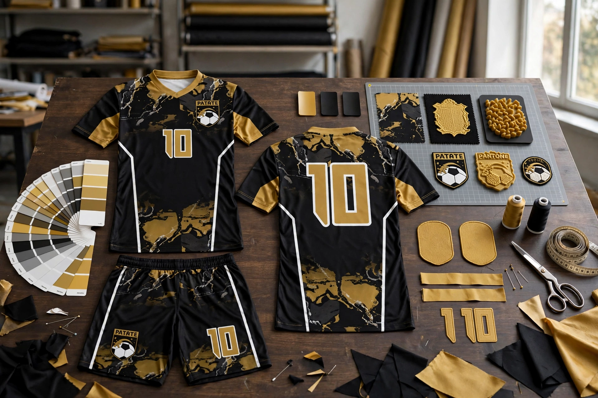 Black-gold marble 10 kit on customization table with Pantone and embroidery samples.