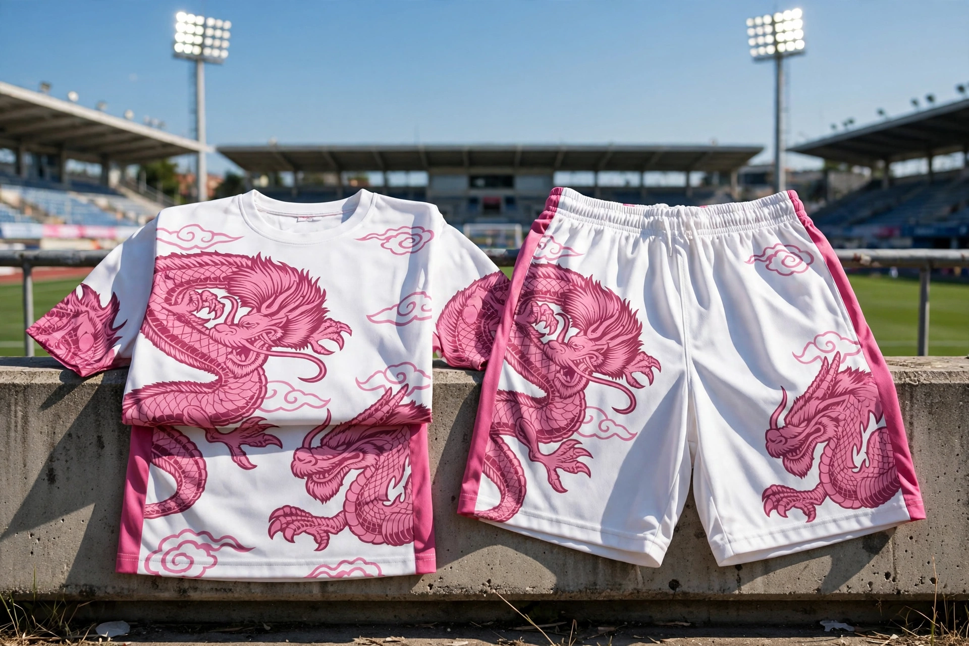 Pink dragon jersey and shorts with perfect color match in stadium sun