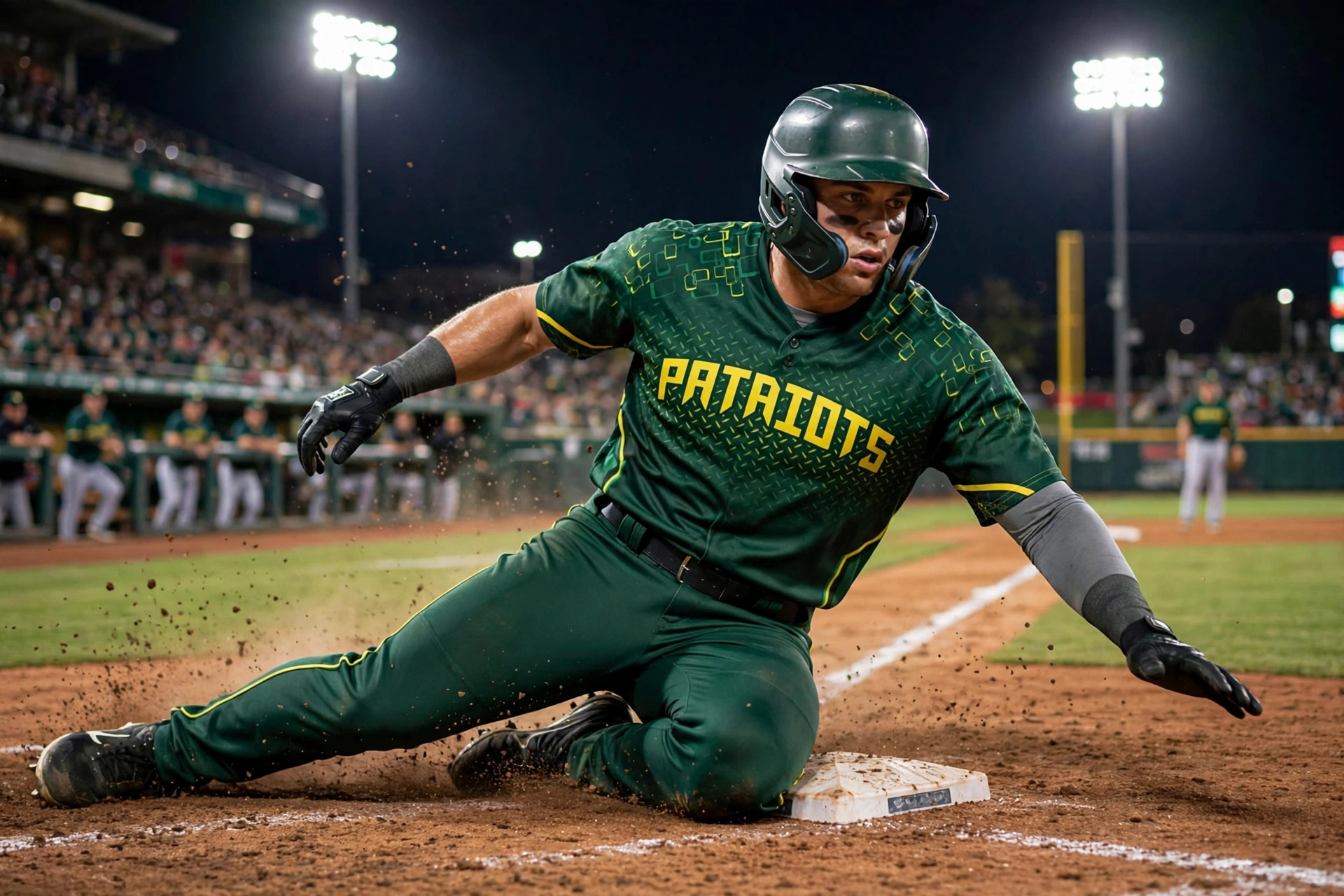 PATRIOTS green V-neck jersey player sliding into base at night game.