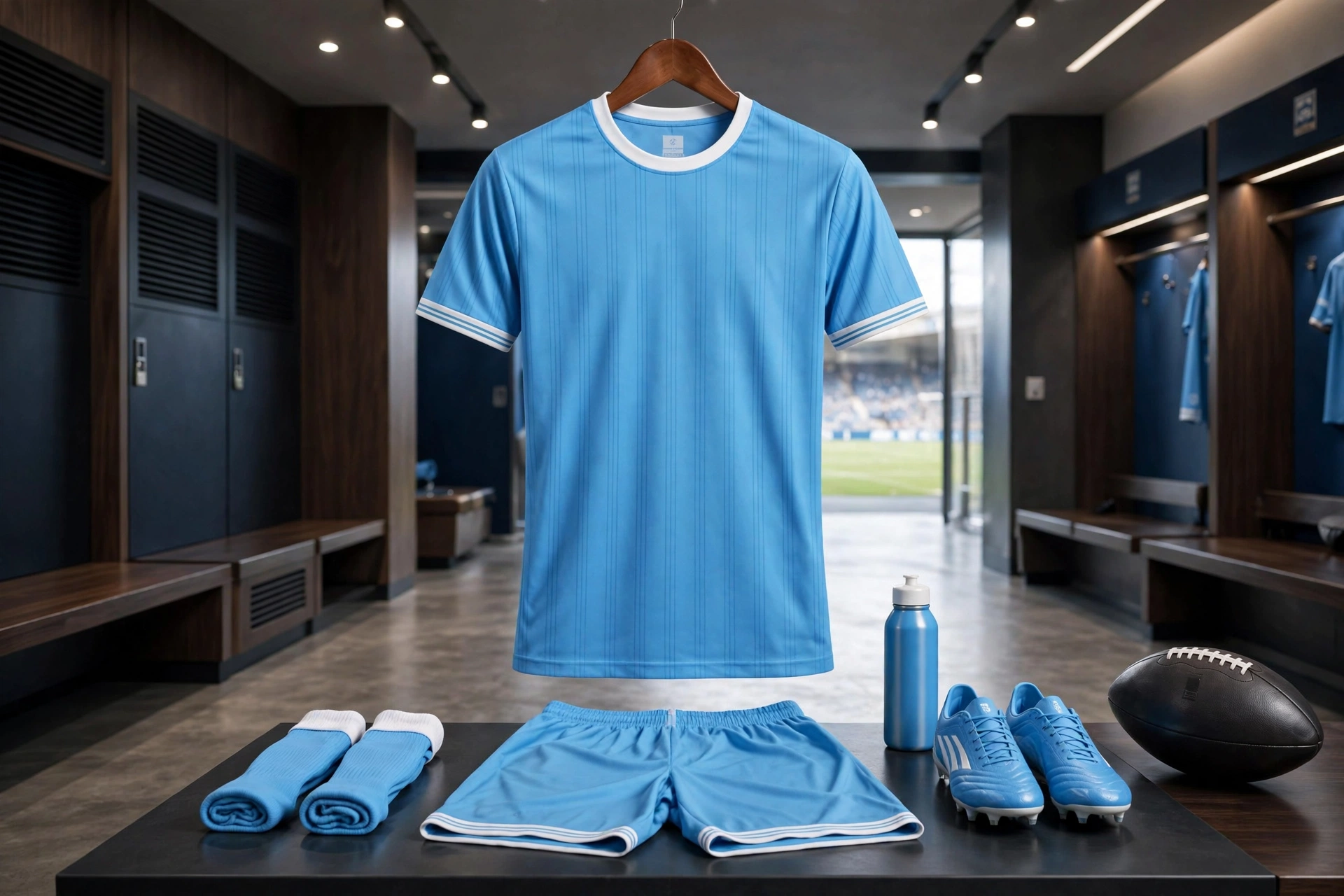Sky-blue jersey and shorts in pro locker room display, prestige look,