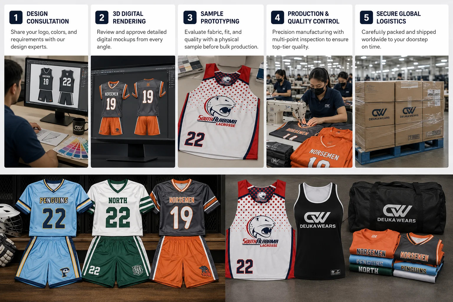 Custom lacrosse uniform ordering process shown through design, prototyping, factory production, quality control, and global shipping scenes