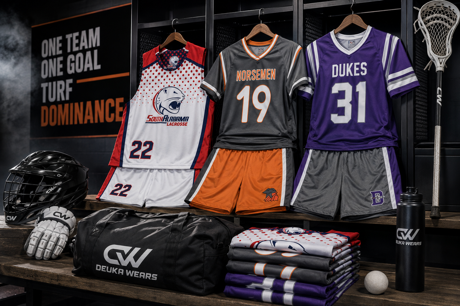 Premium Deuka Wears lacrosse uniforms and protective gear arranged in a professional locker room, showcasing custom team apparel and equipment.