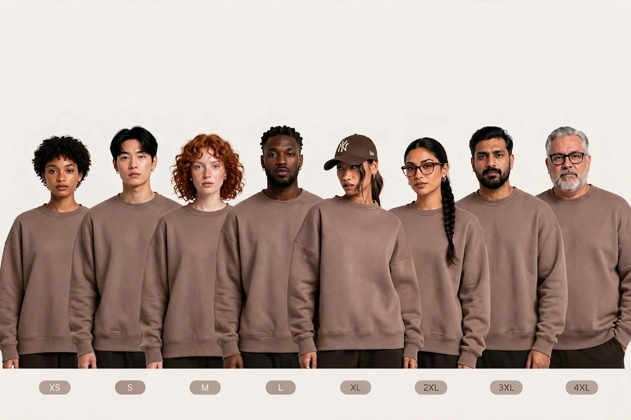 Diverse group of 8 models wearing the same mocha taupe oversized crewneck sweatshirt in sizes XS to 4XL, showcasing inclusive unisex sizing and consistent fit for boutique streetwear collections
