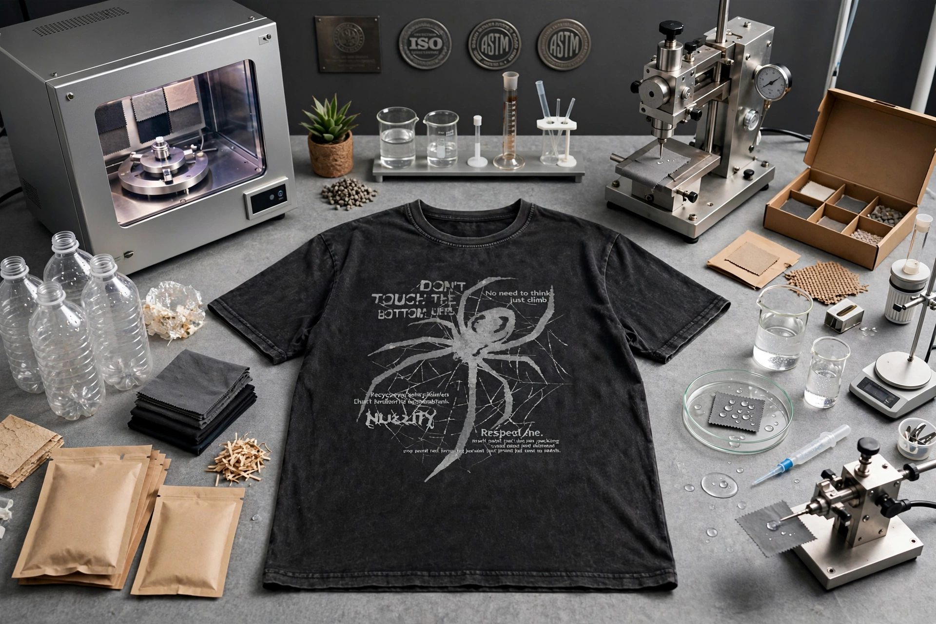 Black acid-wash spider graphic t-shirt flat on lab table surrounded by ISO ASTM badges, color fastness tester, tensile strength machine, water beakers, rPET plastic bottles, eco packaging — compliance and quality assurance 1536x1024