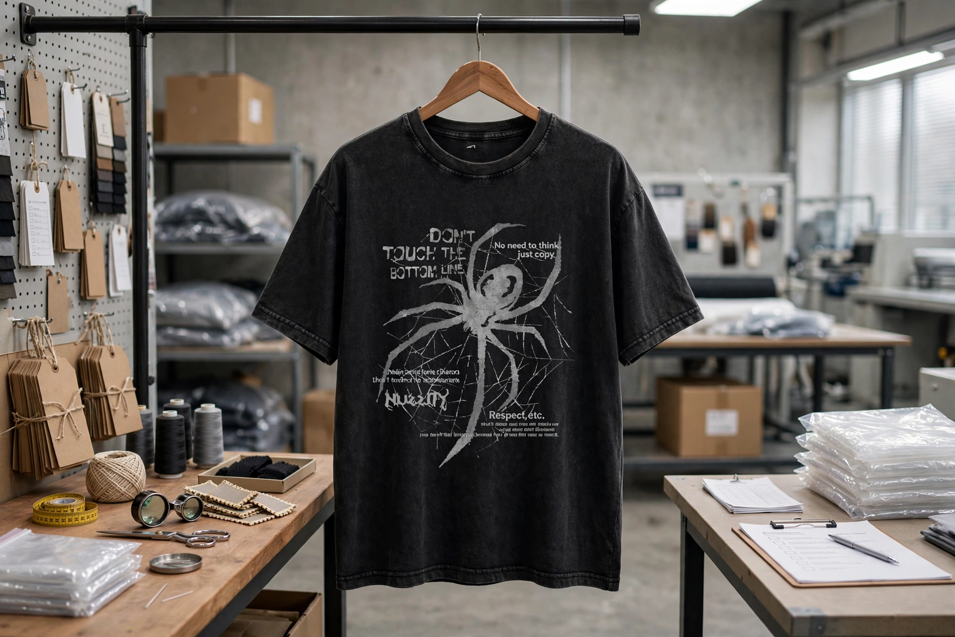 Black acid wash oversized t-shirt with spider graphic DON'T TOUCH THE BOTTOM LINE hanging on wooden hanger in retail-ready quality control studio with custom woven neck labels hangtags and custom polybags inspection - boutique standards