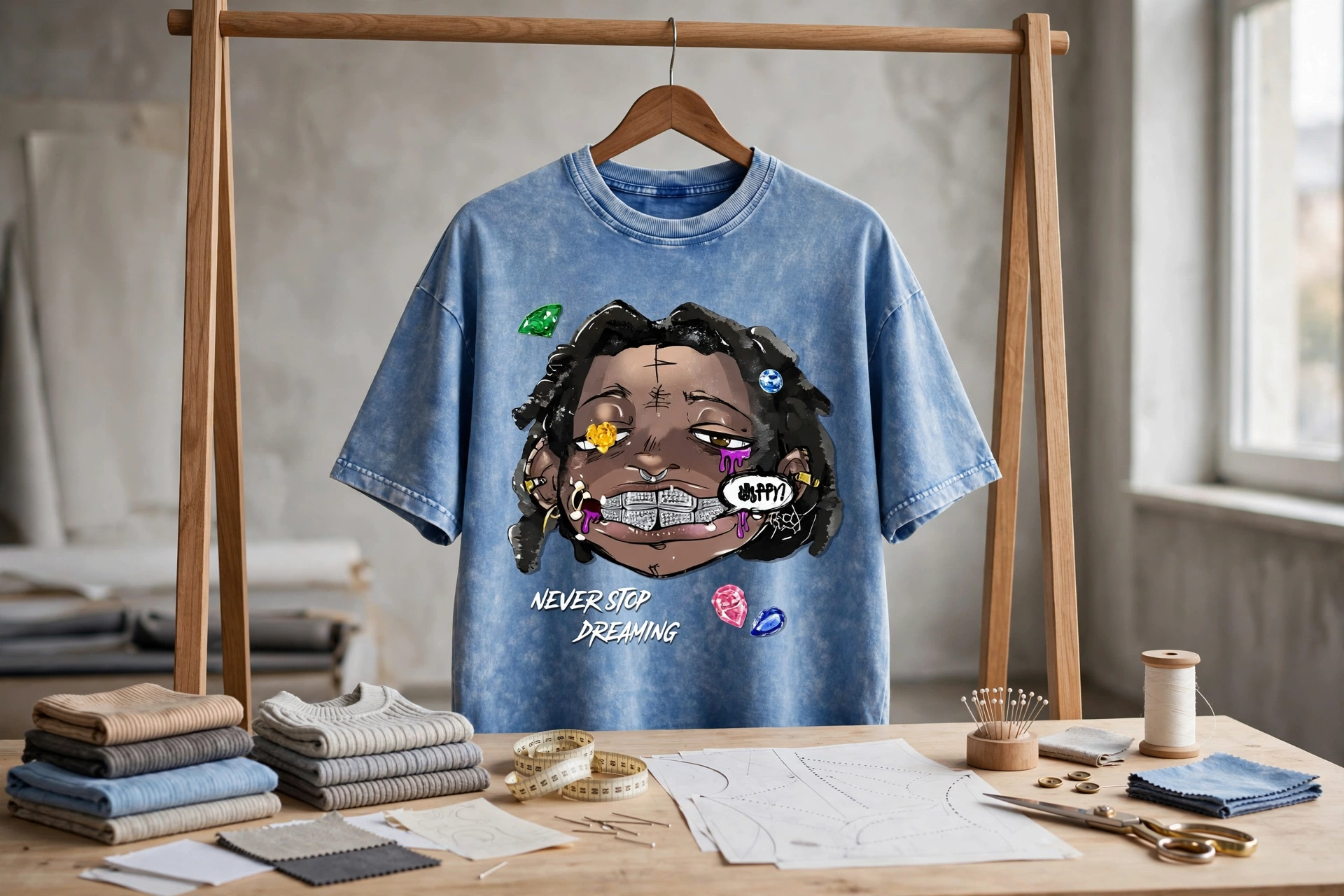Light blue acid wash oversized boxy fit t-shirt with NEVER STOP DREAMING graphic hanging on wooden hanger in streetwear pattern studio with dropped shoulder measurements thick ribbed collar swatches and pattern drafting - contemporary boxy fit engineering