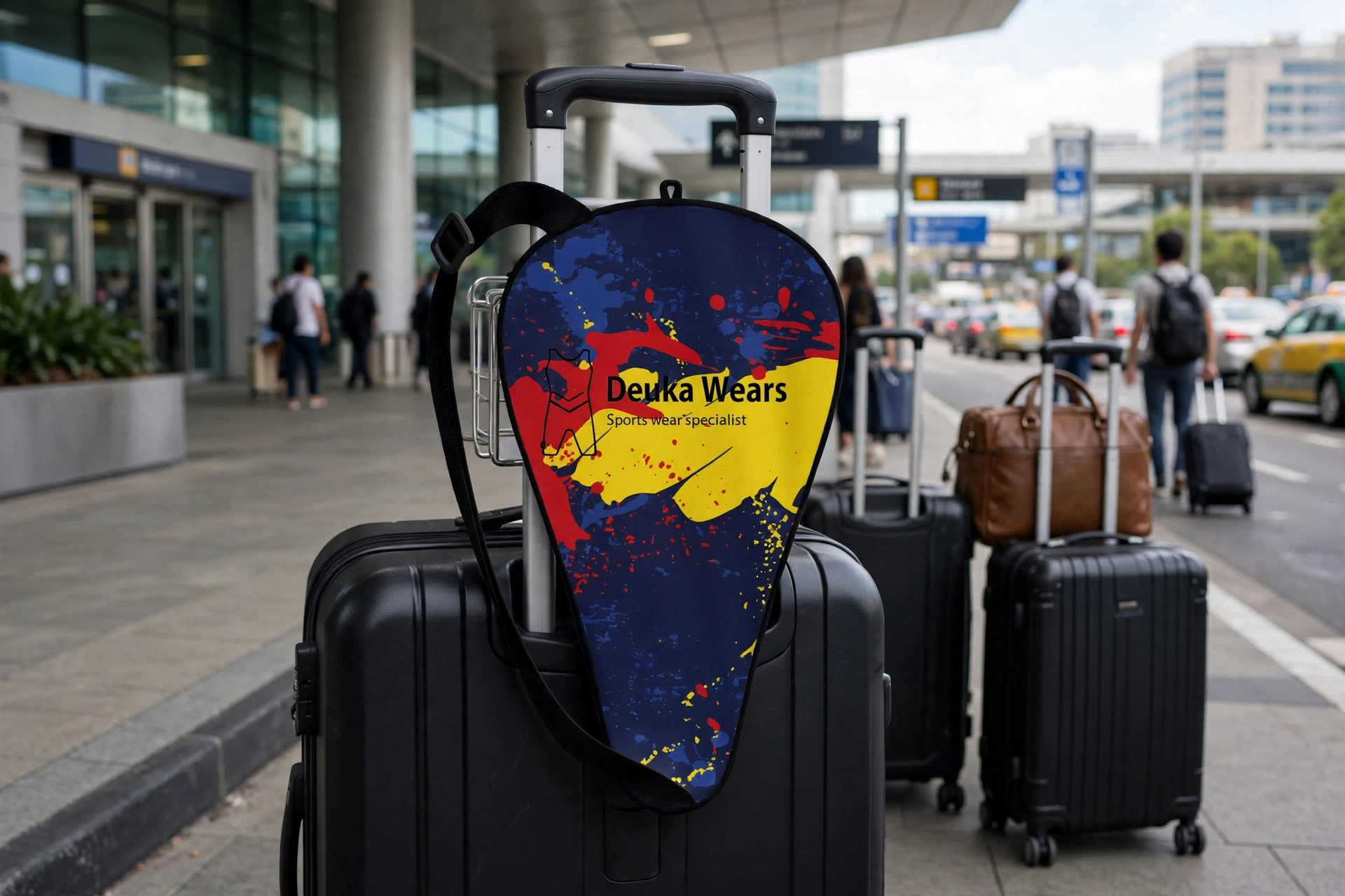 Deuka Wears teardrop paddle bag with navy yellow red splatter hanging on black suitcase at airport curb with travelers - maximized brand exposure gyms airports urban streets