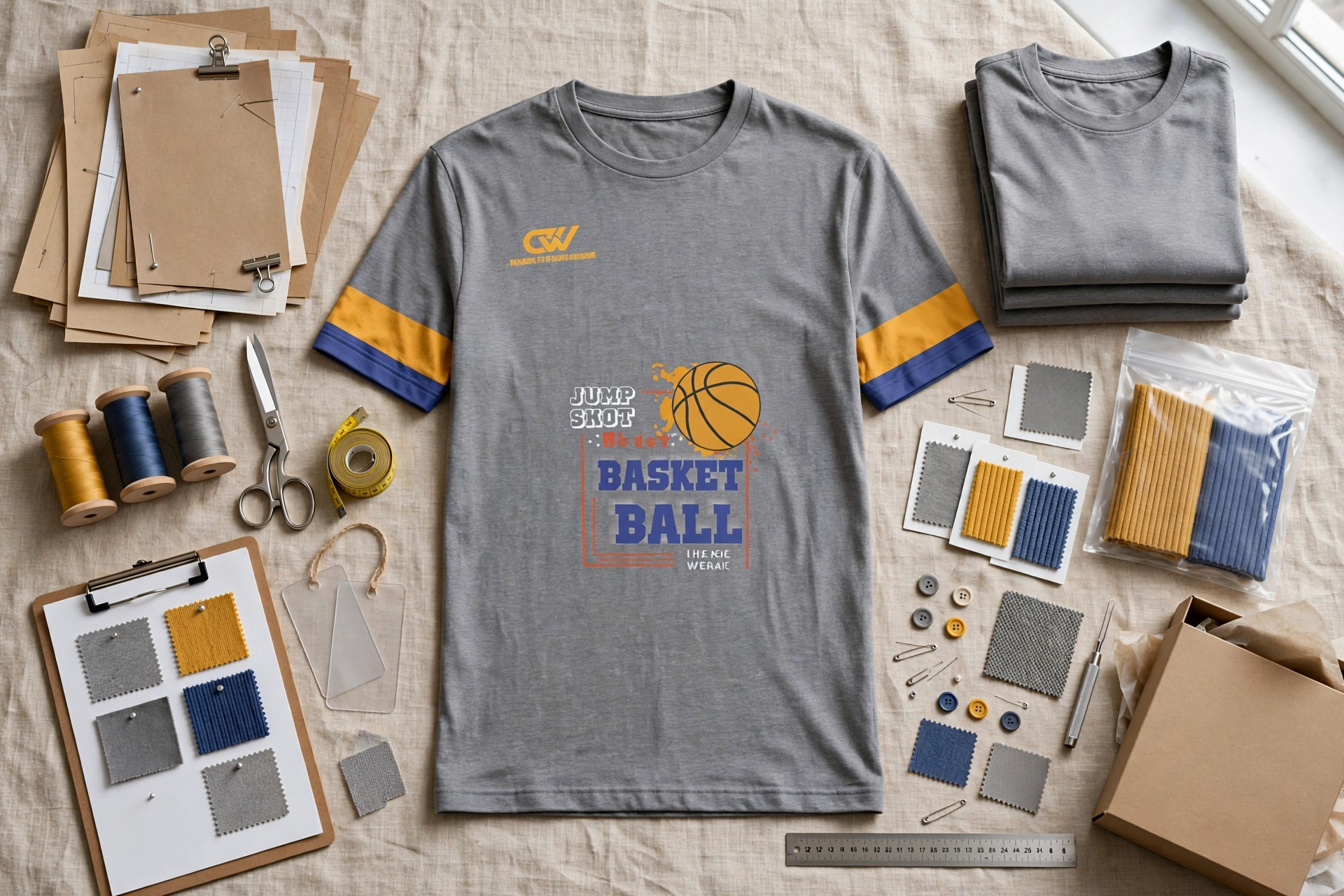 Grey jump shot basketball t-shirt flat lay with tech packs, fabric swatches, thread spools, scissors, measuring tape and sample packaging - streamlining enterprise partnership with Deuka Wears 1536x1024