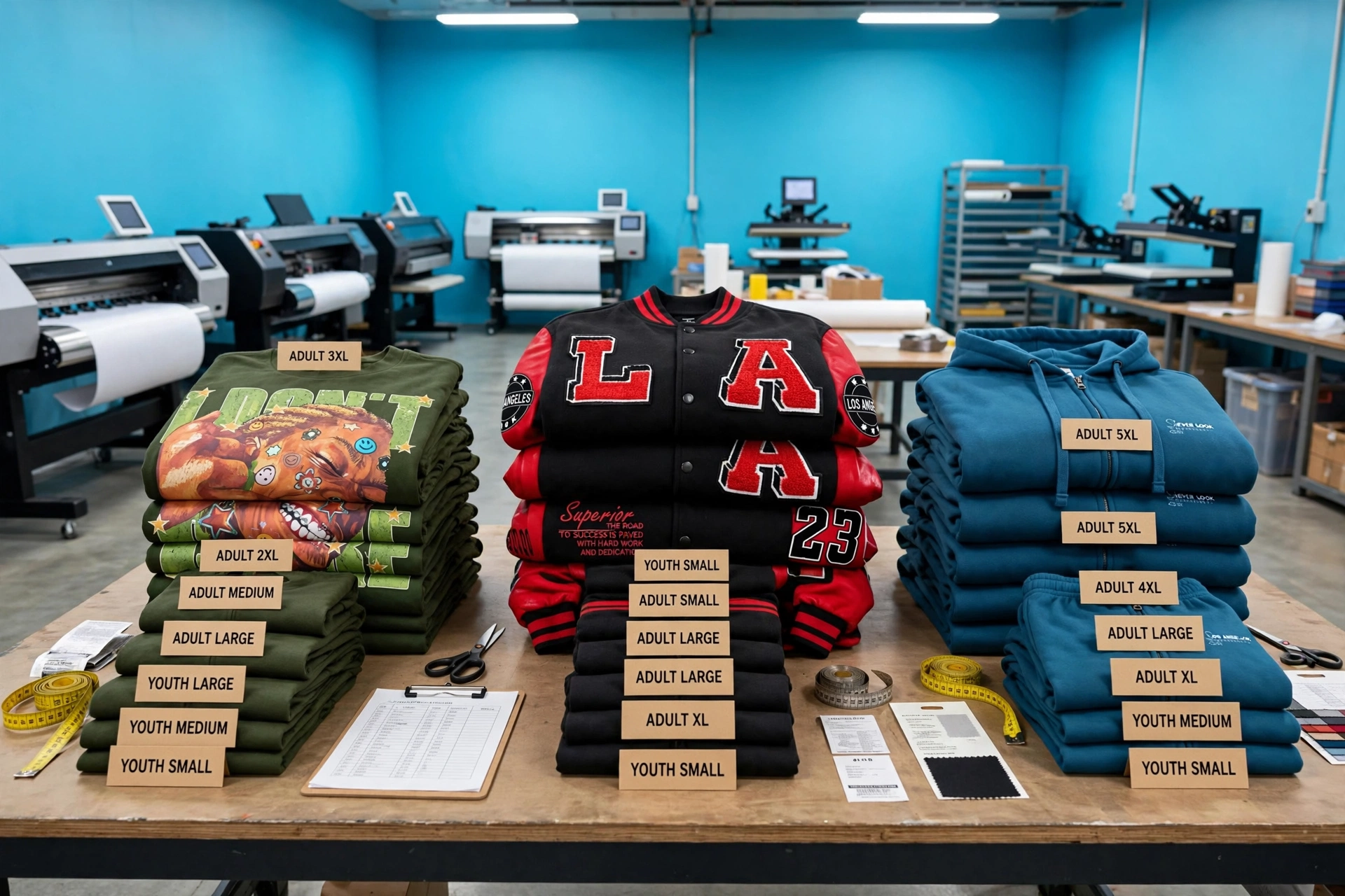 Comprehensive sizing matrices youth small to adult 5XL custom sublimation factory walls hex 49C8EA green graphic tee LA varsity jacket blue tracksuit graded sizing