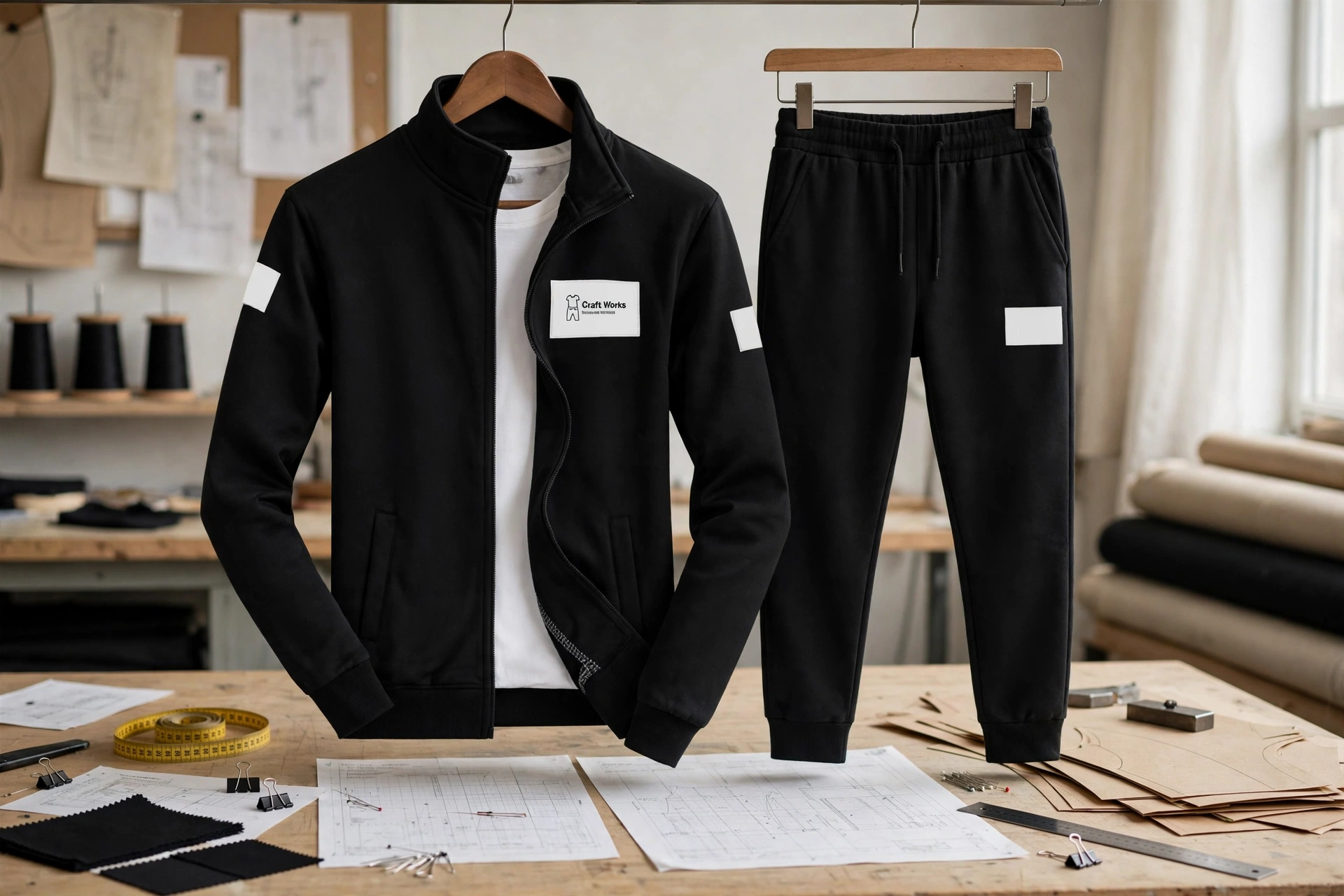 Black stand collar zip-up tracksuit jacket with white patches and matching jogger pants hanging in atelier with custom tech packs, measuring tape, pattern sheets and spec sheets for inseam waist chest dimensions