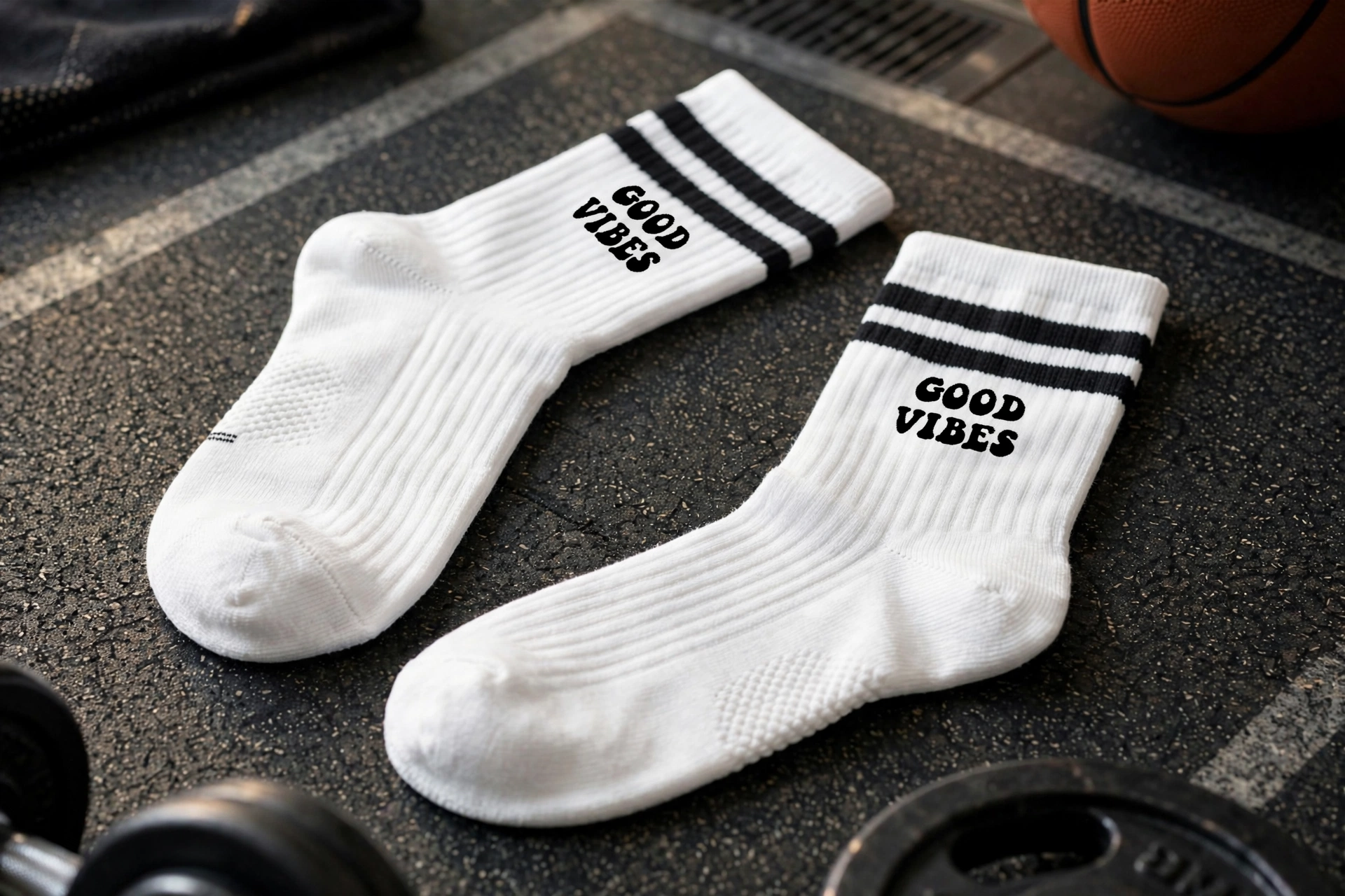White GOOD VIBES crew socks with black double stripes on gym floor with dumbbells basketball and weight plates - performance athletic crew socks versatile mid-calf height supportive ribbing cushioning
