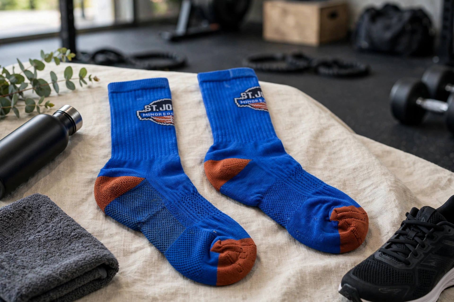 Royal blue custom sports socks with brown reinforced heel and toe and ST.JO MINOR logo - essential for modern brands with combed cotton moisture-wicking arch compression