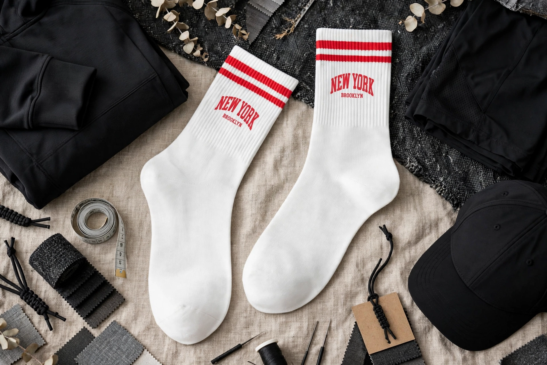 White NEW YORK BROOKLYN crew socks with red double stripes on premium fitness apparel flatlay with black hoodie cap and fabric swatches - take your brand to next level with Deuka Wears factory-direct 1536x1024
