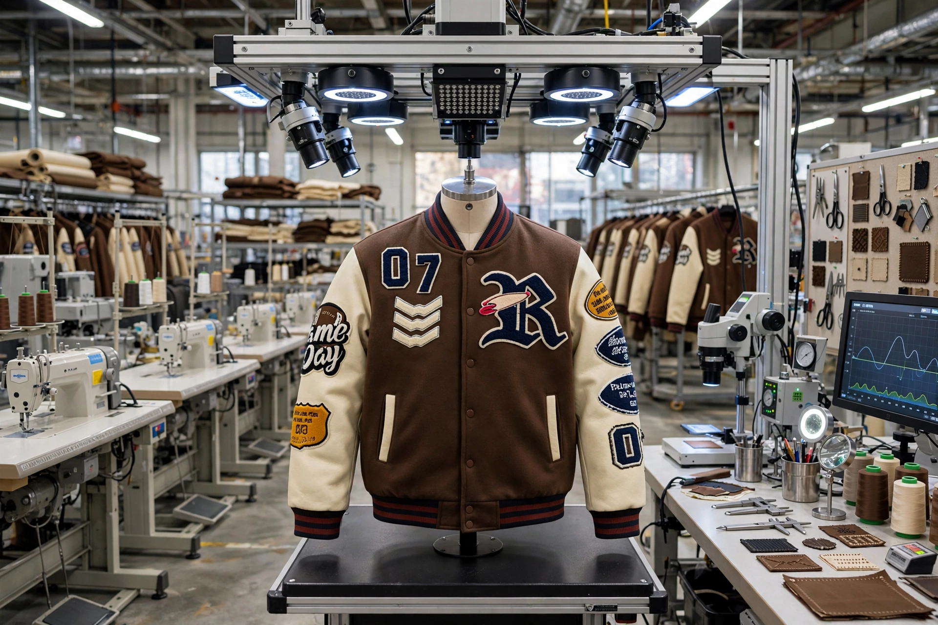 Brown cream 07 varsity jacket on mannequin under automated QC camera rig on high-speed sewing floor with sewing machines and jackets hanging - sewing line supervision stitch density seam symmetry 1536x1024