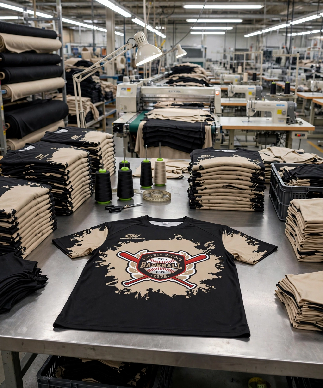 Black beige baseball club shirt on QC table with stacks of same shirts, industrial cutting machine, sewing machines, fabric rolls and thread cones - mass production execution under quality supervision 423x509