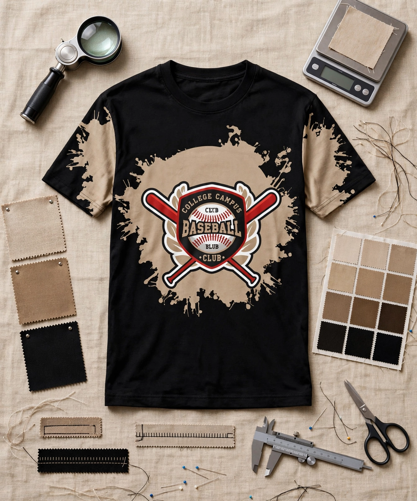 Black beige College Campus Baseball Club shirt flat lay with digital fabric scale, magnifier, caliper, stitching samples, color calibration chart, scissors - pre-production bulk sampling verification 423x509