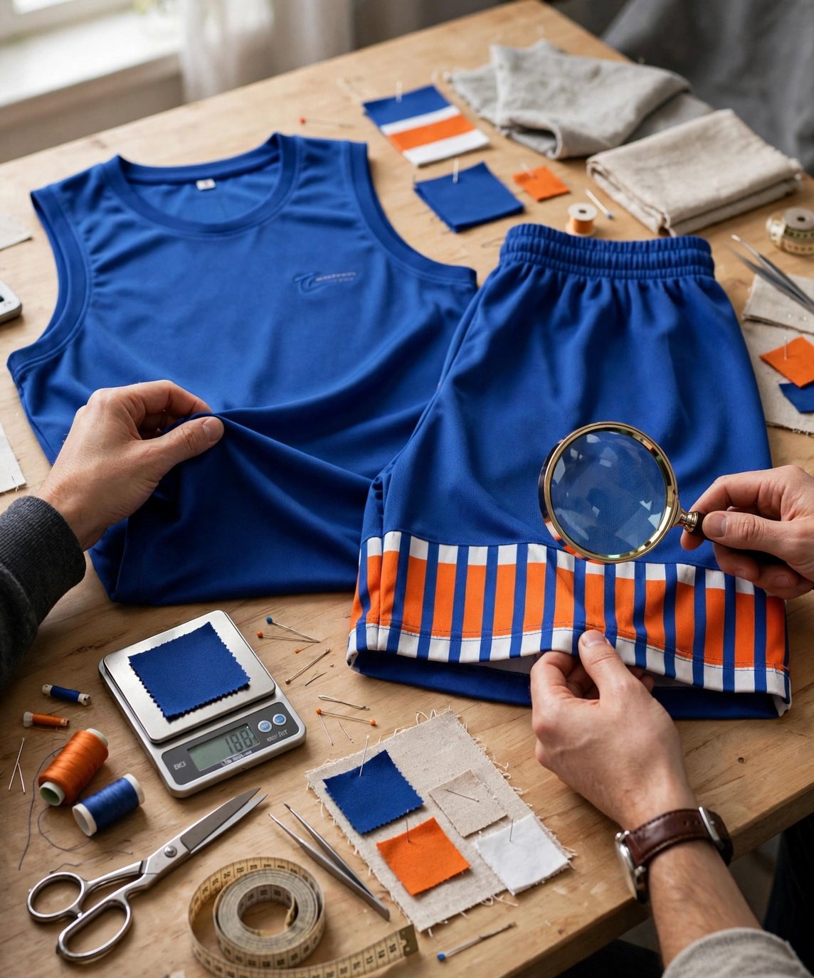 Blue basketball uniform sample prototyping fabric weight stitch strength check