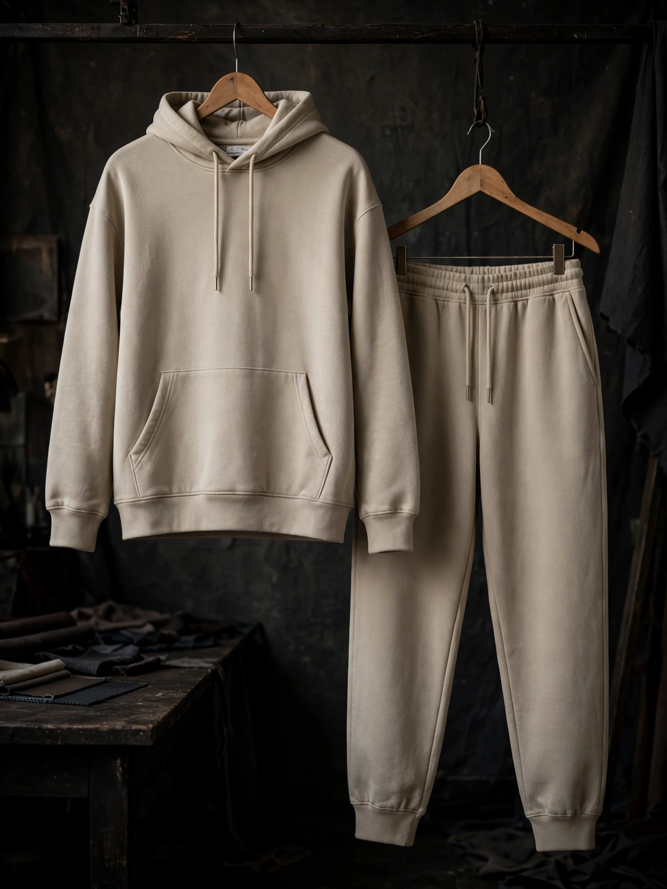 Beige heavyweight fleece hoodie and jogger pants tracksuit hanging on wooden hangers in dark moody atelier with concrete walls and fabric swatches - tech pack and design submission vector artwork size charts fabric specifications
