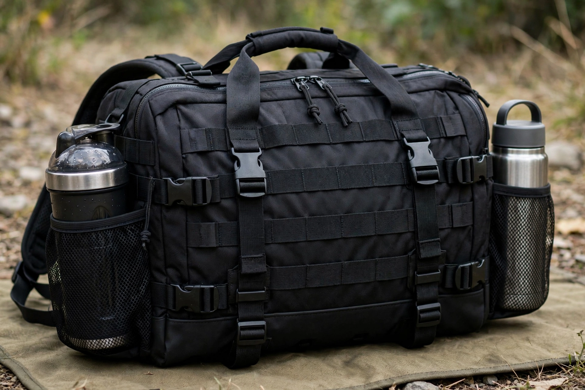 Black tactical duffle backpack with elasticized mesh side holsters securely holding black shaker bottle and stainless steel travel flask - water bottle side sleeves