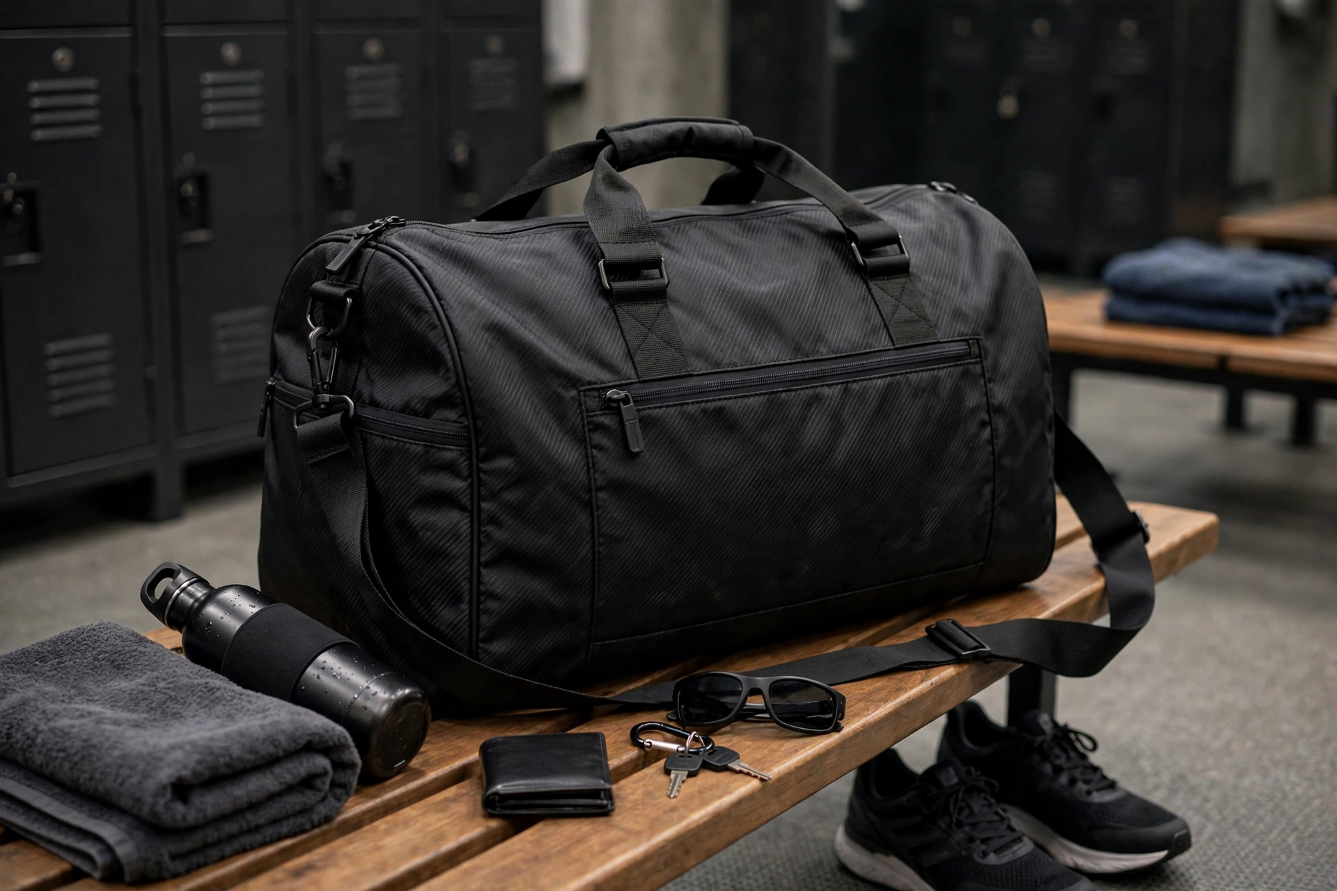 Black athletic duffle bag on wooden gym locker bench with towel water bottle sunglasses and sneakers - exceptional everyday utility combining style with rugged functionality