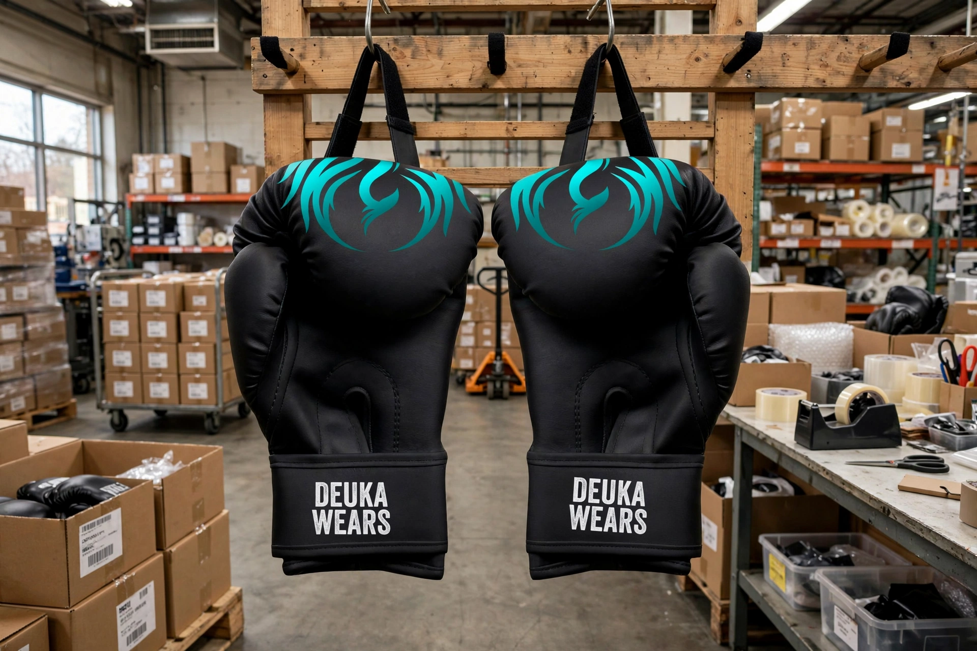 Black Deuka Wears boxing bag mitts with teal tribal design hanging on wooden rack in streamlined production warehouse with cartons and logistics - streamlined production scalability