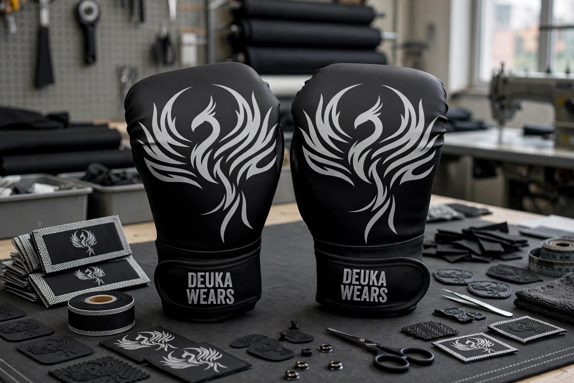 Black boxing gloves with silver phoenix logo and DEUKA WEARS text on wrist displayed on branding table with woven damask labels silicone patches and trim tools - technical mastery advanced branding custom trim integration 1536x1024