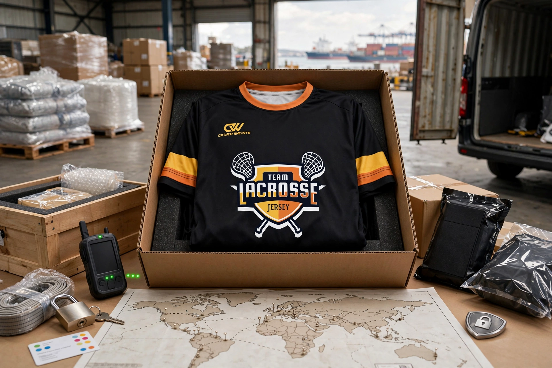 Black TEAM LACROSSE JERSEY with orange yellow stripes in secure foam box on warehouse table with GPS tracker, padlock, world map with tracking pins, cargo ship outside - end-to-end shipment tracking security 1536x1024