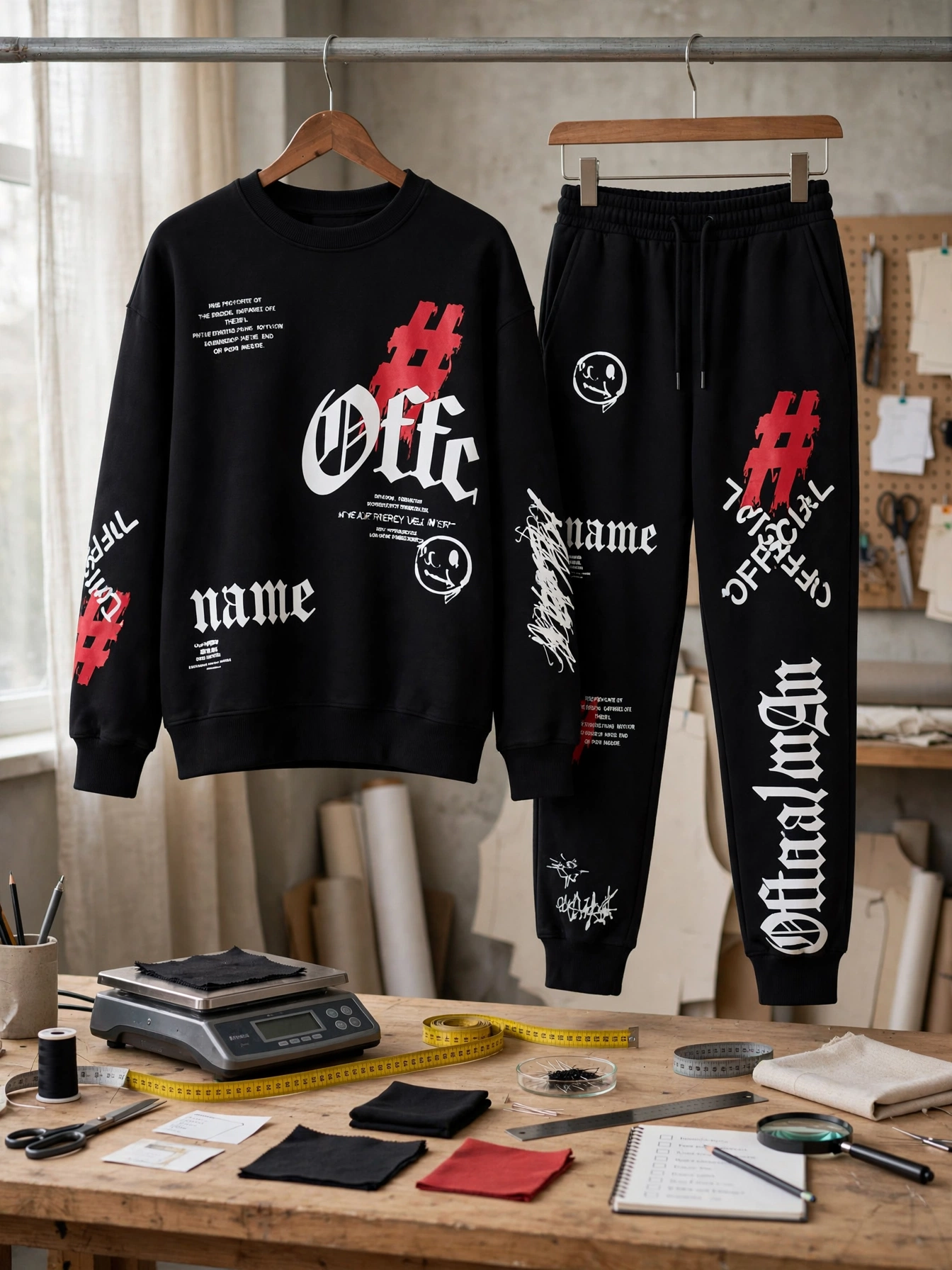 Black graphic tracksuit with white Off text and red hashtag hanging on hangers in sample prototyping studio with fabric weight scale, measuring tape, fabric swatches and magnifying glass for fit and embellishment quality check