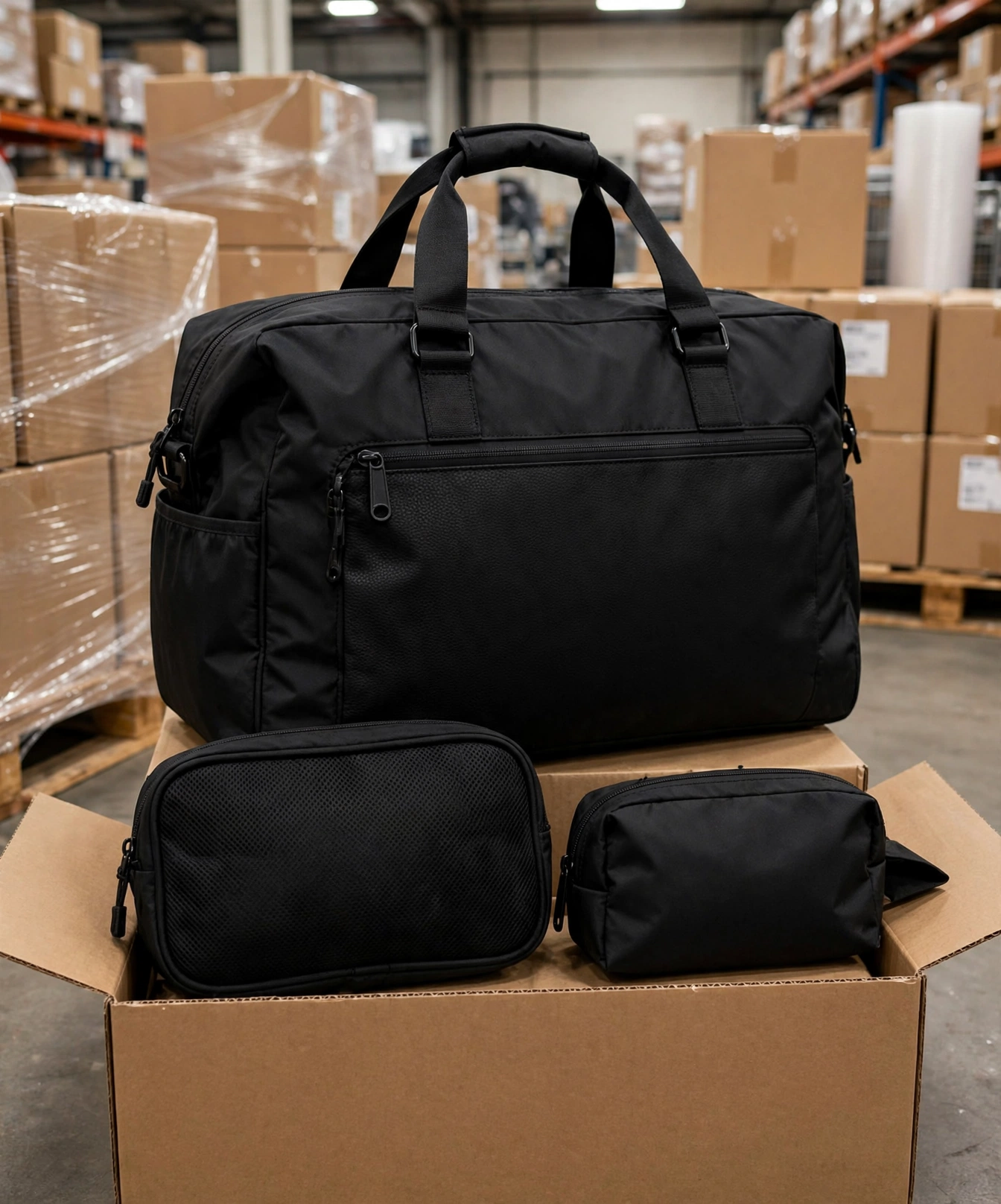 Black duffle bag with two small accessory pouches packed in open master carton in warehouse with pallets of cartons - global delivery to fulfillment center