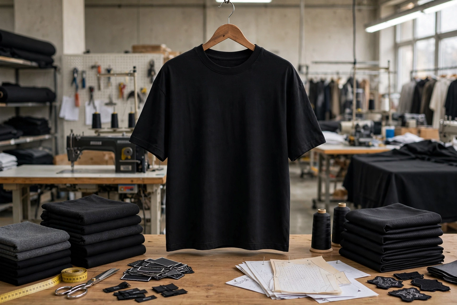 Black oversized boxy plain t-shirt hanging on wooden hanger in direct factory partnership manufacturing facility with 240 GSM combed cotton fabric stacks, woven labels, tech packs and embroidery samples - OEM custom streetwear tee and polo maker Deuka Wears