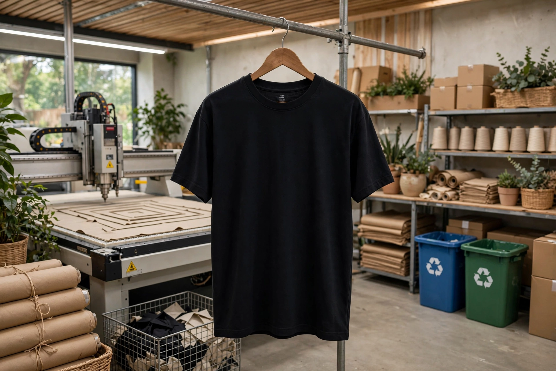 Black oversized plain t-shirt hanging on wooden hanger in sustainable manufacturing facility with CNC cutting table, recycling bins, kraft rolls and green plants - eco-friendly ethical compliance with non-toxic dyes water-based inks and optimized nesting