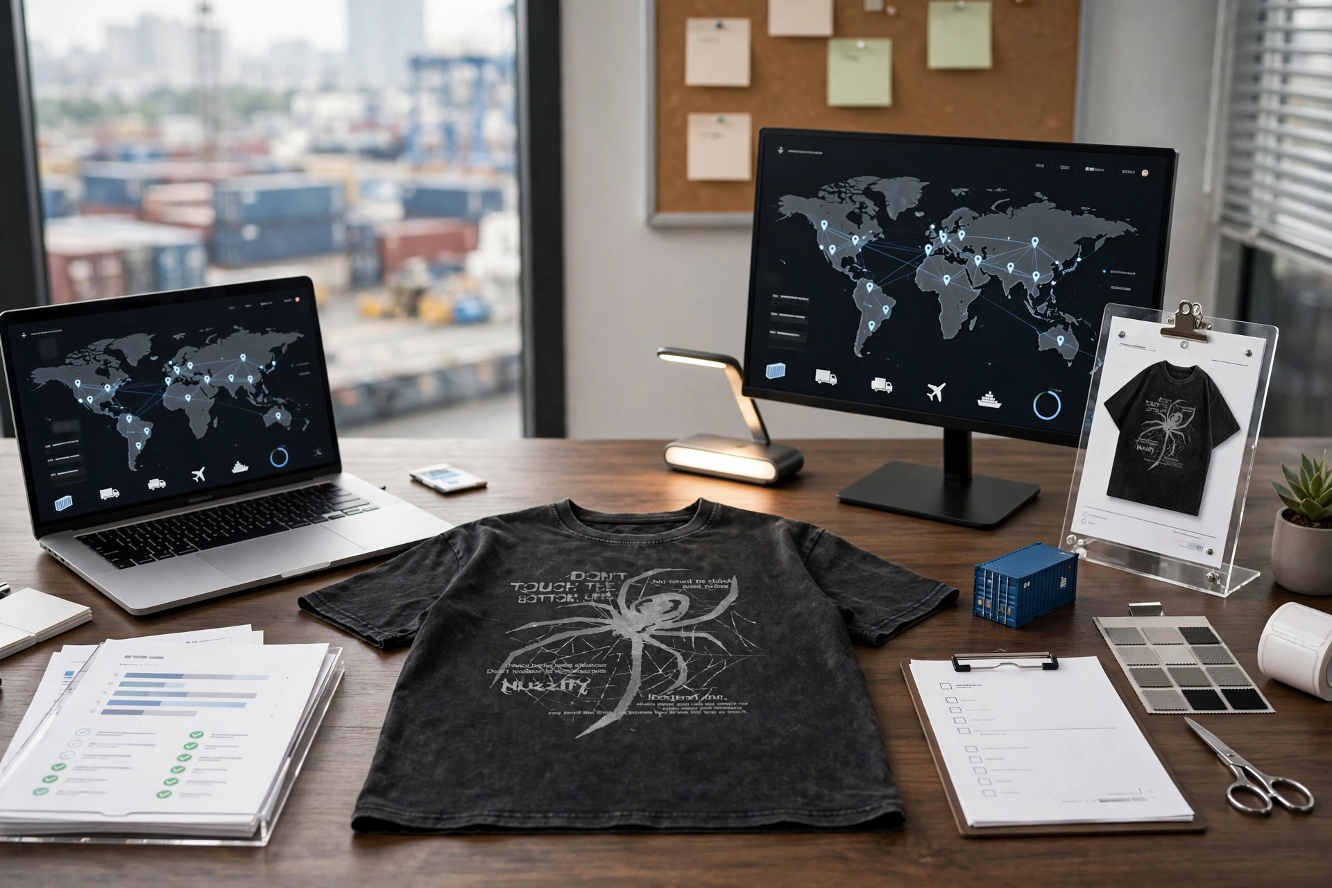 Black acid-wash spider graphic t-shirt on export manager desk with laptop and monitor showing real-time world map container tracking, digital proof stand, fabric swatches and shipping docs — transparent tracking account management 1536x1024