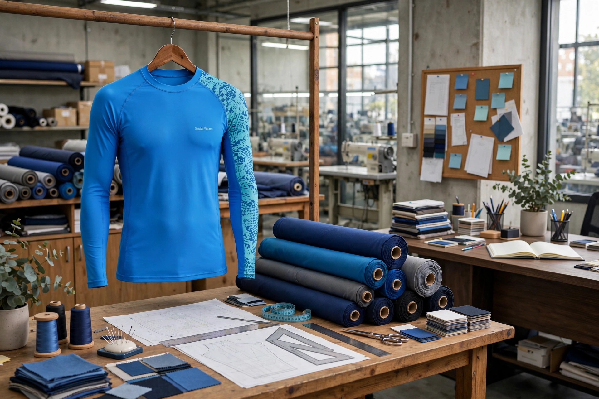 Bright blue long-sleeve rash guard with geometric tribal sleeve pattern hanging on wooden rack in direct factory partnership office with fabric rolls and tech packs - strategic advantage of direct factory partnerships compression wear