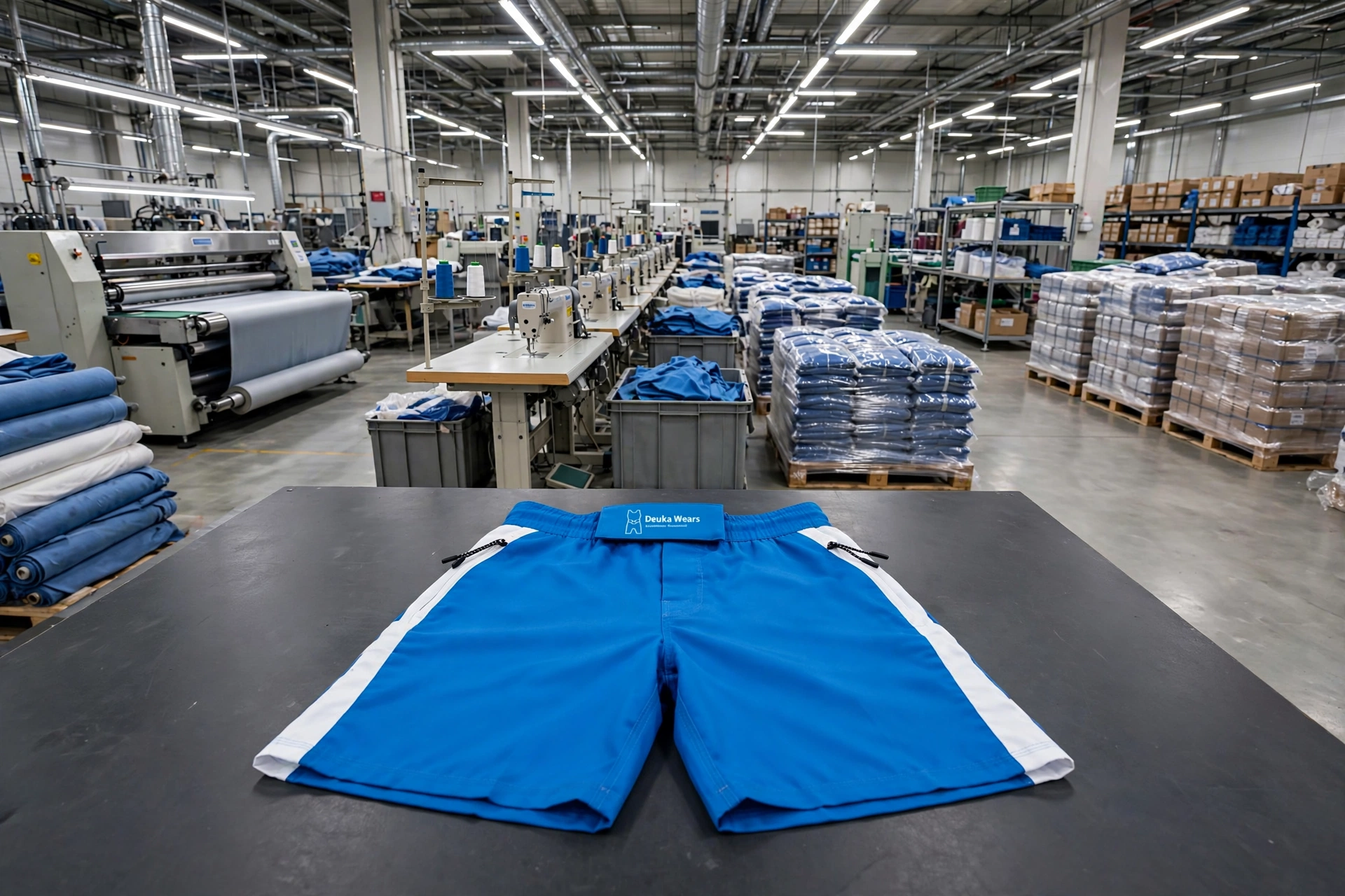 Blue Deuka Wears shorts with white side stripes on QC table in enterprise-scale wholesale factory with advanced machinery, fabric rolls, sewing lines and bulk inventory pallets - strategic operational scaling 1536x1024