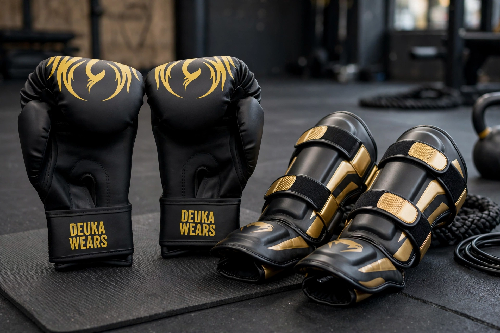 Black Deuka Wears boxing gloves with gold phoenix next to black and gold contoured shin guards with dual hook and loop straps and foot stirrups on gym mat - ergonomic spat cut