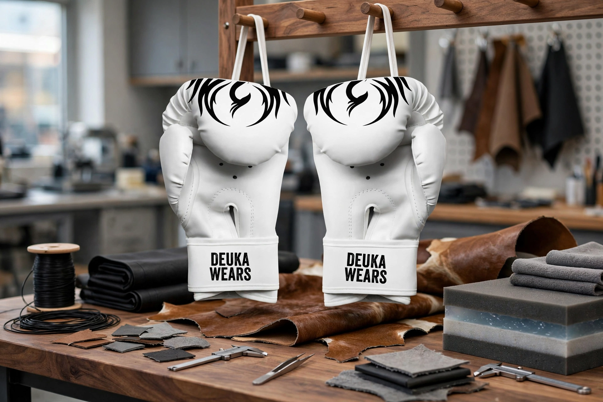 White Deuka Wears boxing gloves with black tribal design hanging on wooden rack in technical materials lab with cowhide leather and multi-layer foam composites - advanced technical materials built for impact