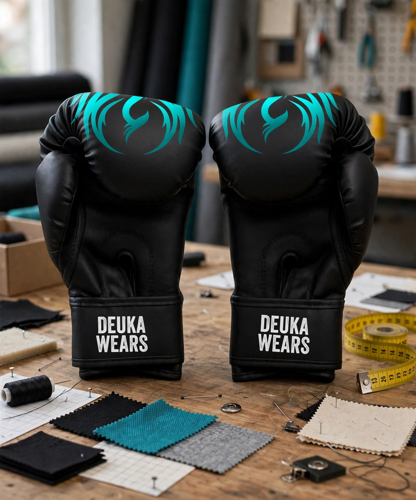 Black Deuka Wears boxing gloves with teal tribal on wooden prototyping table with fabric swatches and measuring tape - sample prototyping fit fabric weight stretch recovery