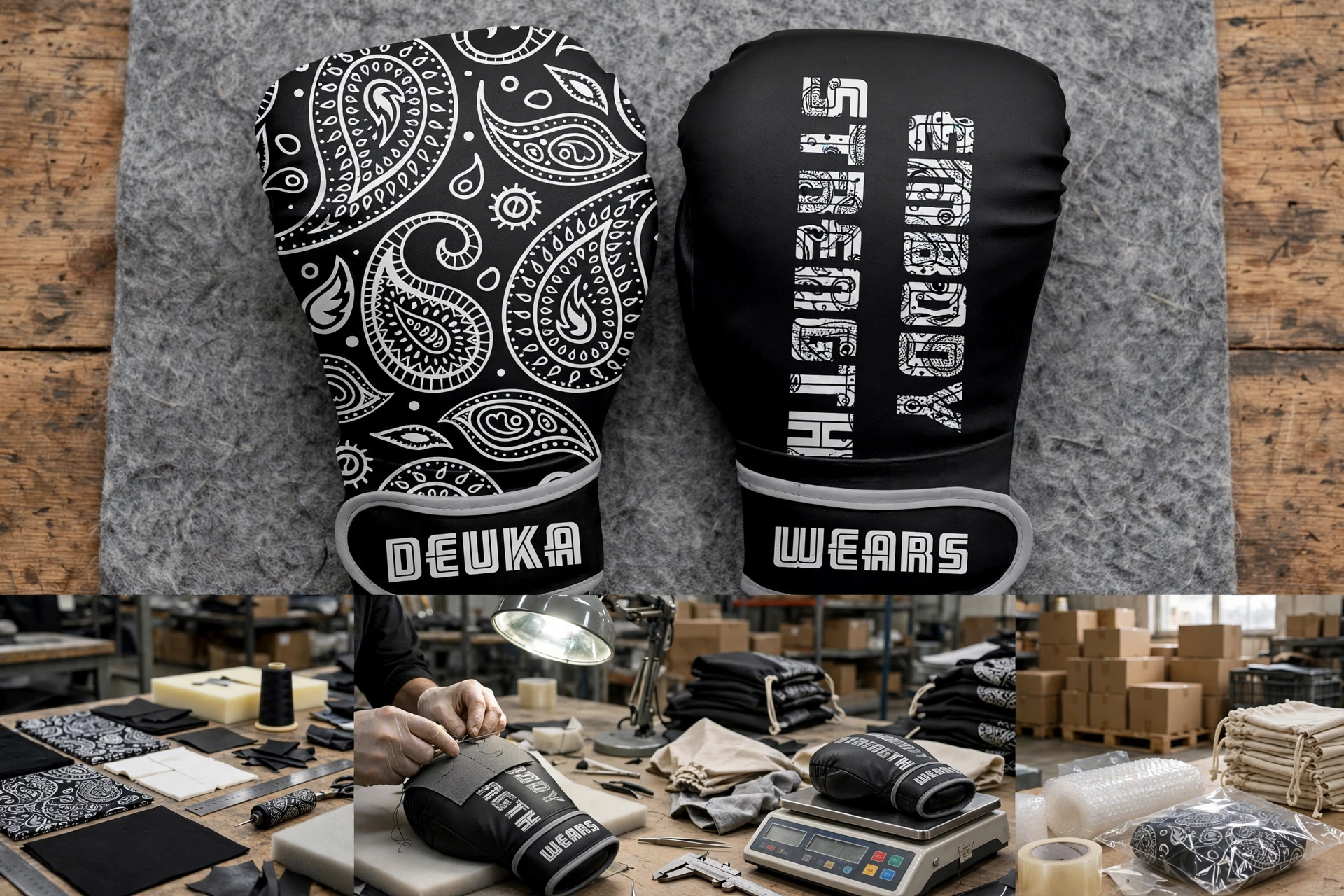 Black Deuka Wears paisley boxing mitts with white bandana pattern on workbench with step by step workflow tech pack foam quality control and packaging - custom ordering guide