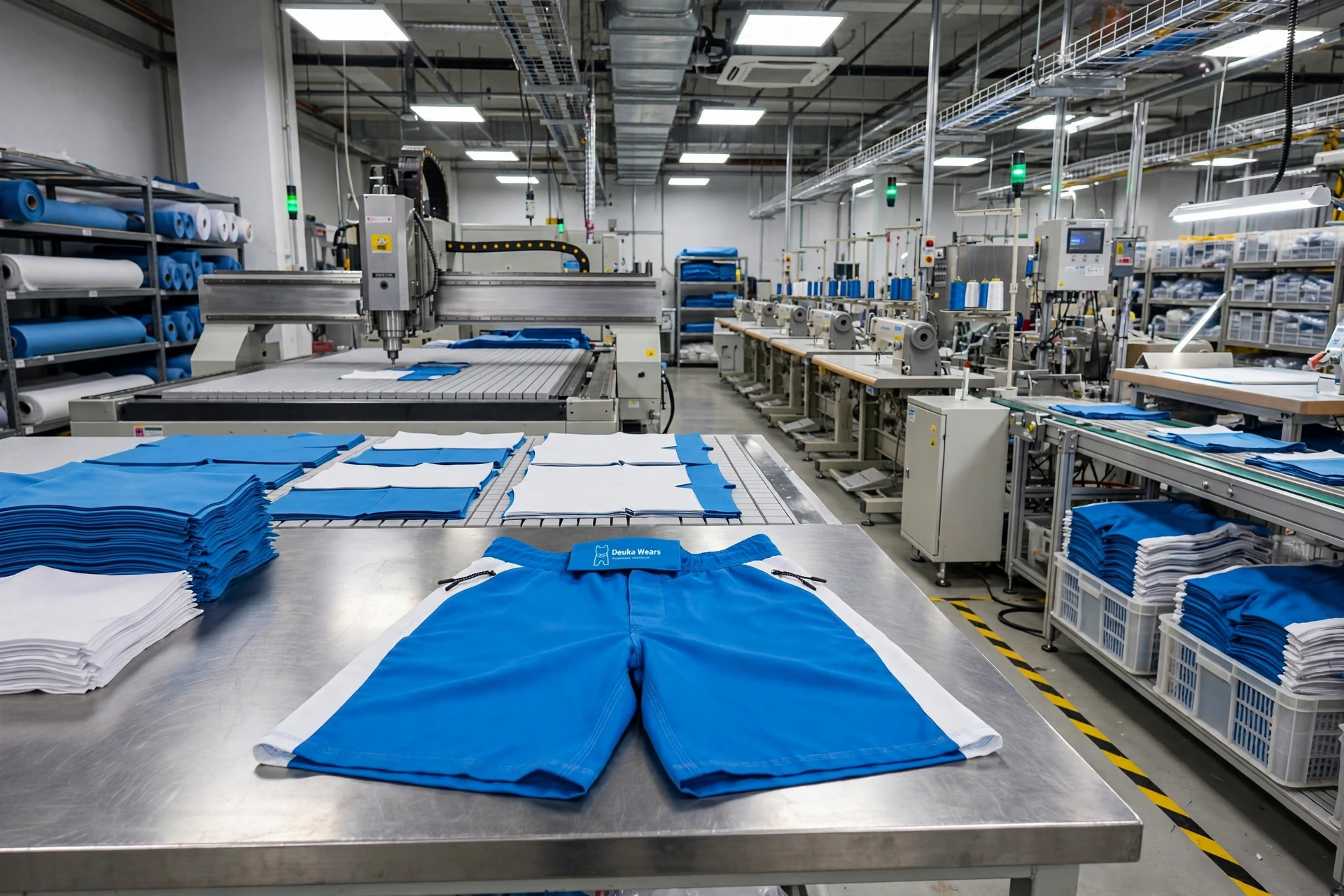 Bright blue Deuka Wears shorts on stainless QC table with automated CNC cutting table cutting blue white fabric panels, multi-needle sewing line and inline quality control - technical mastery industrial production 1536x1024