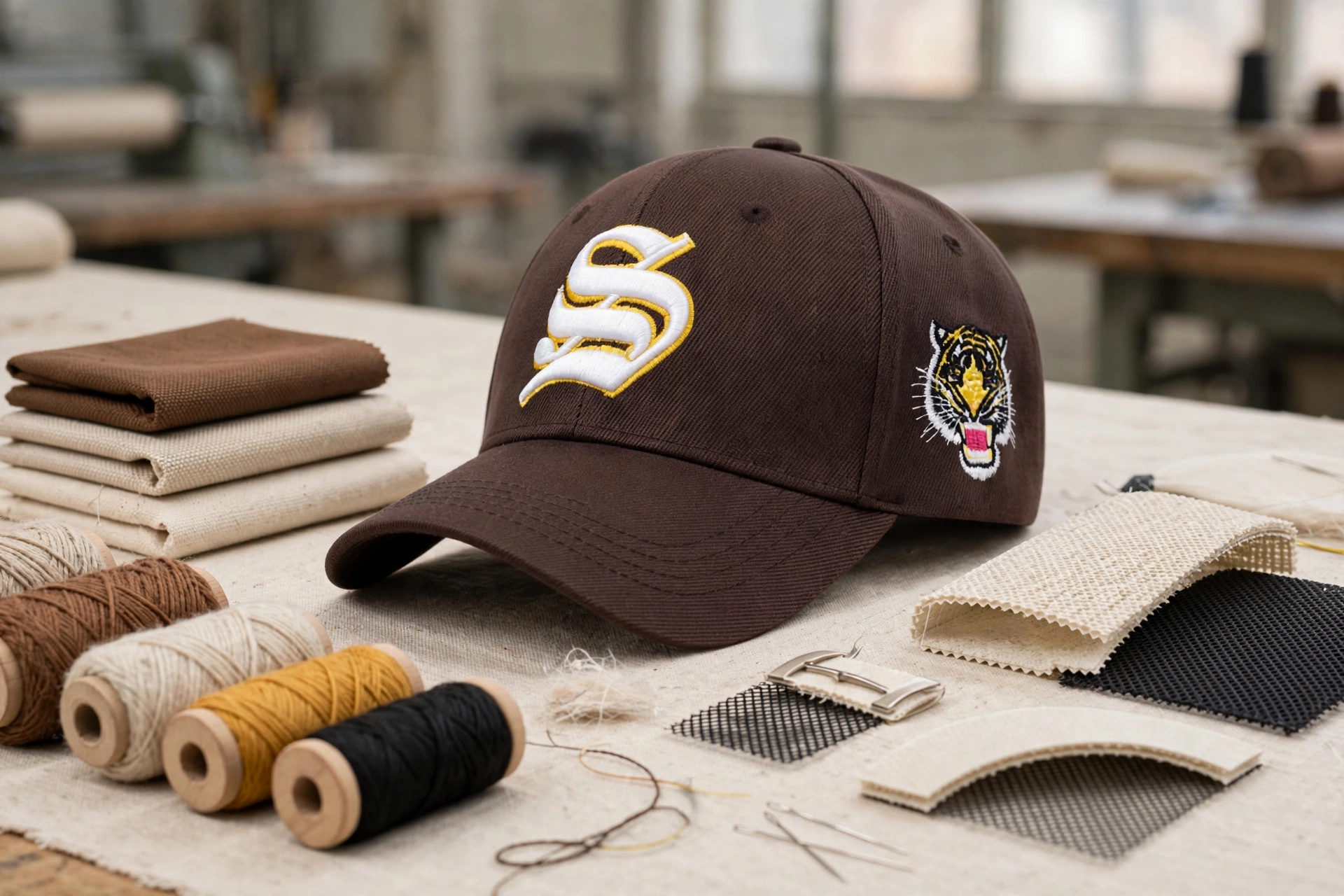 Brown baseball cap with white S yellow outline and tiger embroidery on side surrounded by premium cotton twills canvas fabric swatches, heavy-gauge acrylic merino wool yarn spools, structured buckram mesh backings on work table