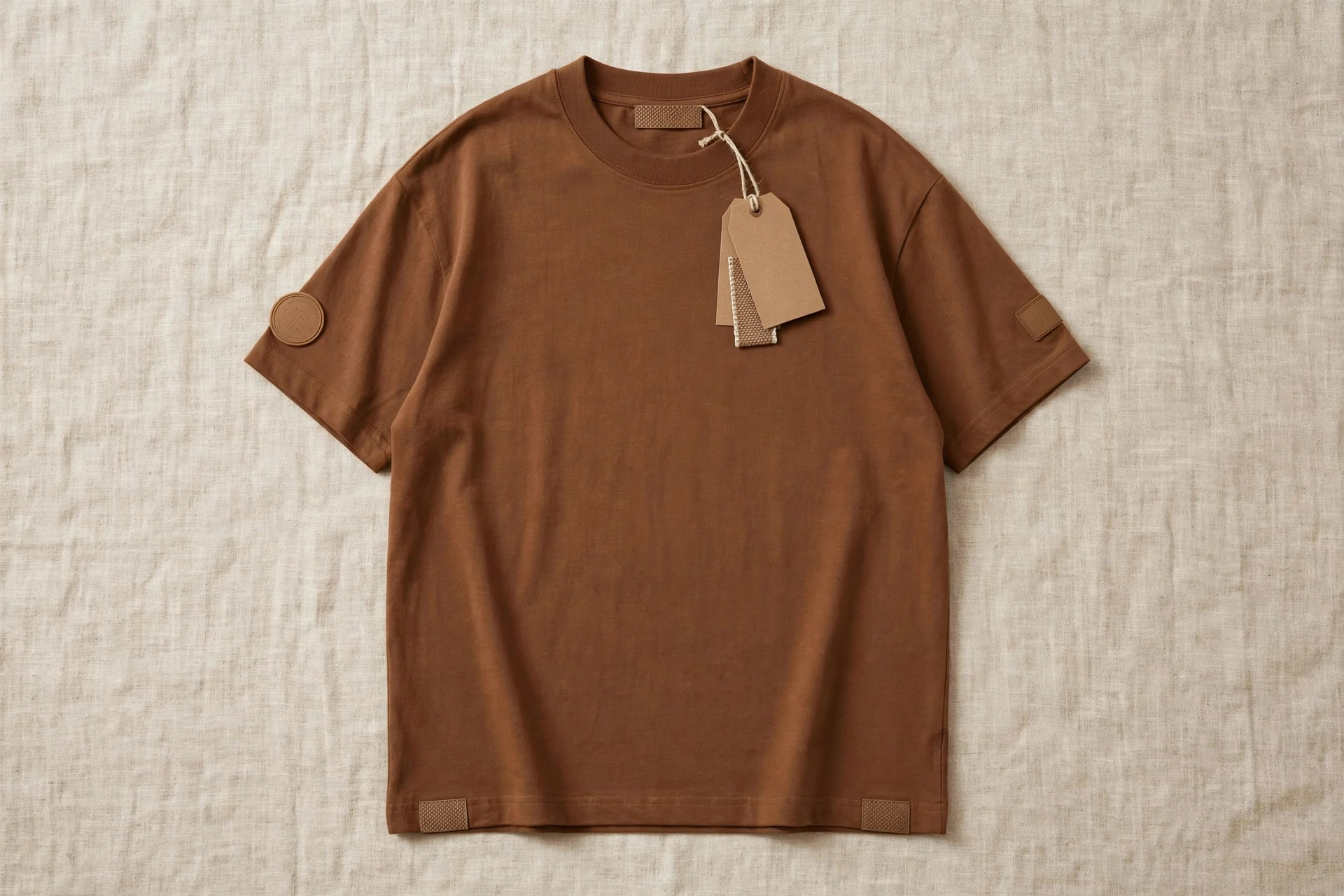 Brown oversized t-shirt flat lay on linen fabric showing custom woven interior collar tag, silicone sleeve badge, woven hem labels, and kraft branded hangtags - custom labels hangtags 1536x1024