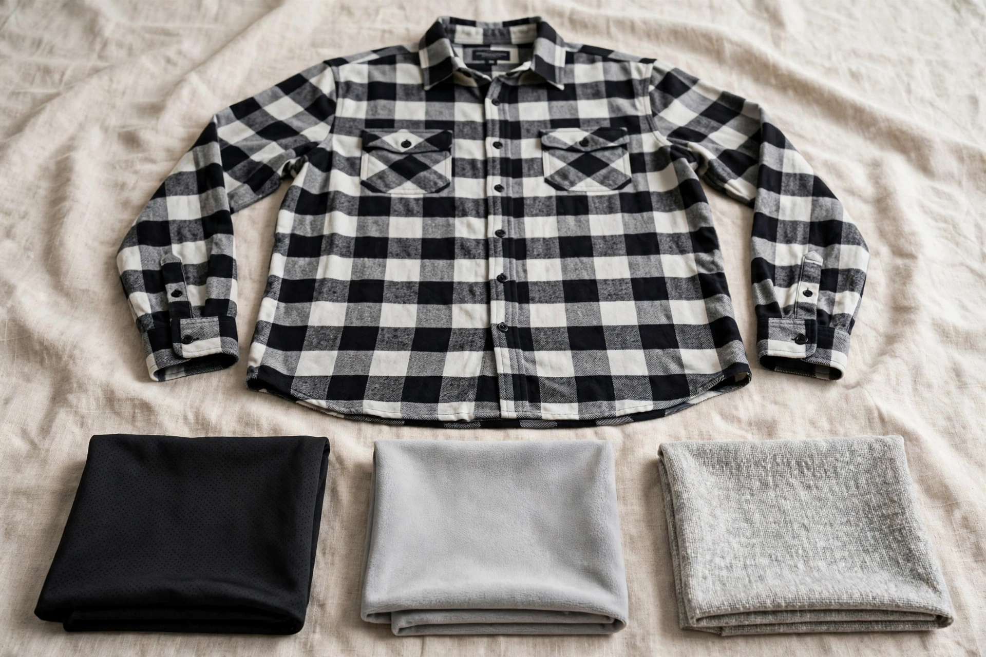 Black and white buffalo check flannel shirt flatlay with technical fabric swatches - polyester spandex composite antimicrobial microfiber eco-friendly yarns advanced technical material sourcing 1536x1024
