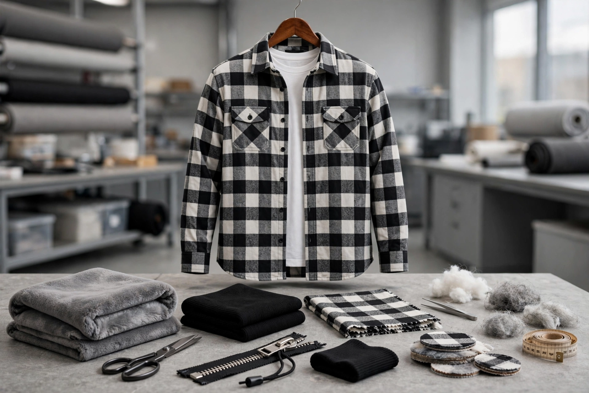 Black and white buffalo check flannel shirt hanging on hanger in advanced technical fabrics lab with 320-450 GSM cotton-poly tech fleece plush interior brushed yarn-dyed cotton flannels raw fiber cotton balls ribbing swatches YKK zippers and aglets - modern apparel textile composition