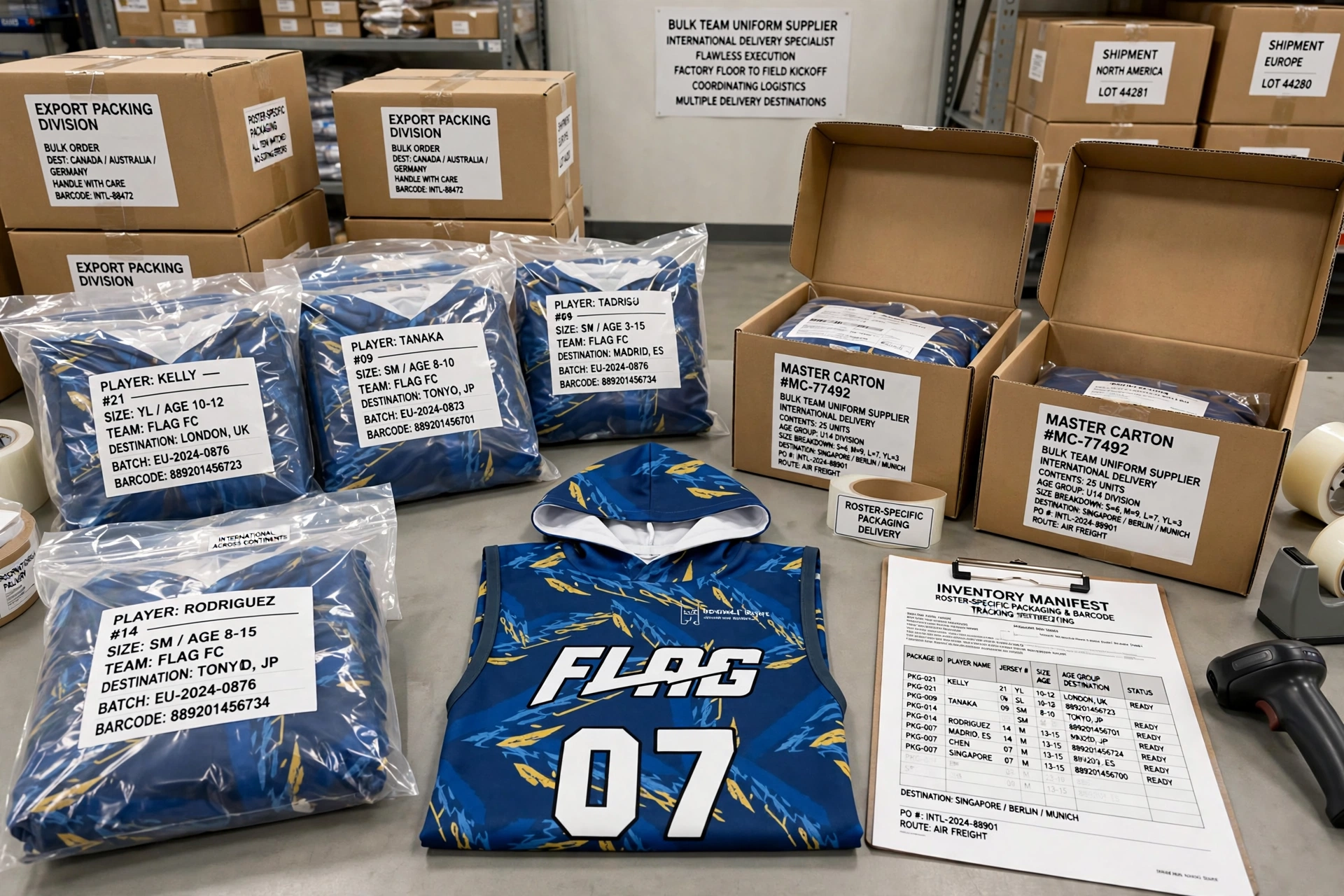Blue FLAG 07 hooded jerseys packed in poly-bags labeled with player name Kelly Tanaka Rodriguez, size age group, team FLAG FC destination, barcode plus master cartons inventory manifest — roster-specific bulk delivery 1536x1024