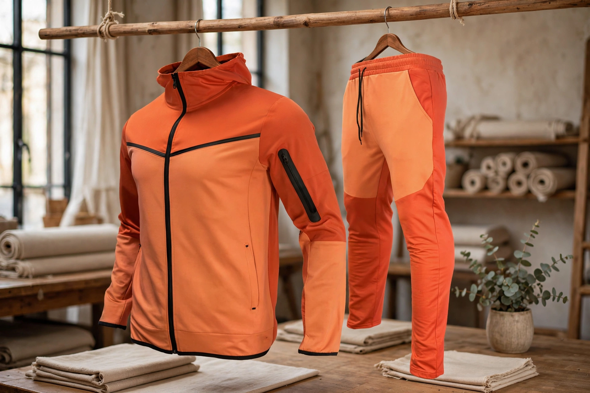 Burnt orange and peach two-tone zip-up tracksuit with black piping and matching joggers hanging on wooden pole in premium luxury atelier - elevate brand with premium outerwear manufacturing conclusion