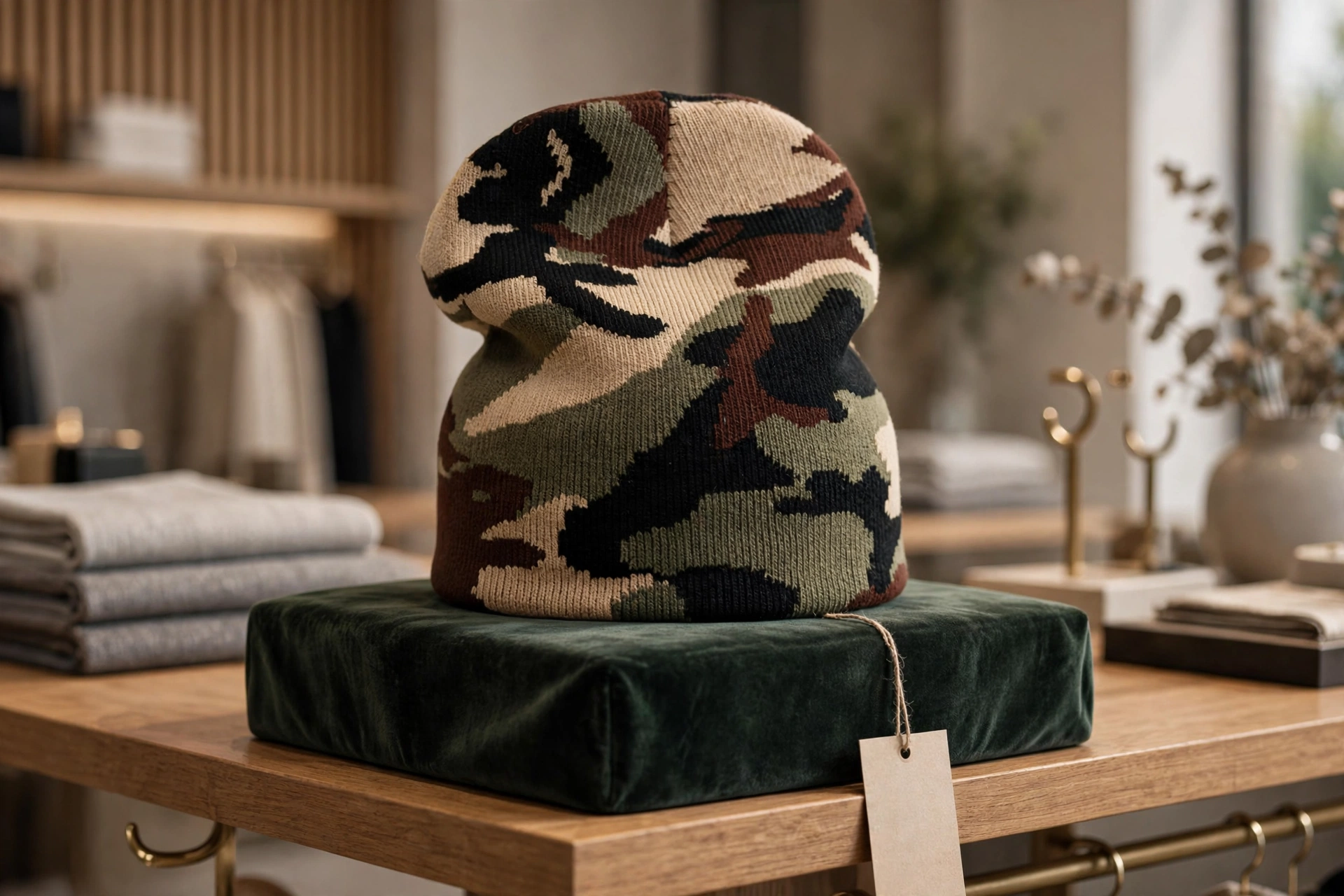 Camouflage knit beanie in beige olive green black brown on dark green velvet pedestal in luxury boutique with price tag - high perceived retail value premium beanie