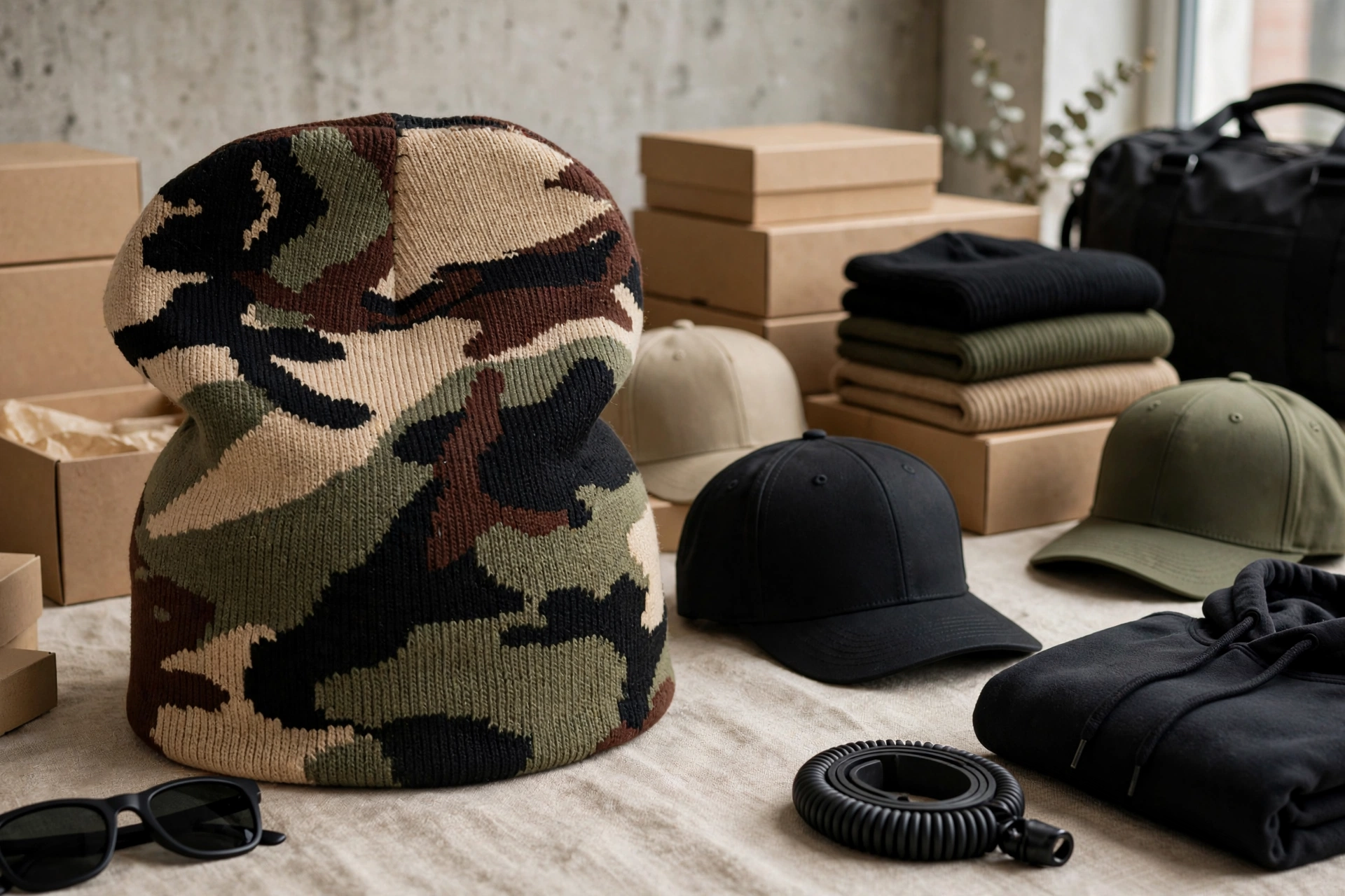 Camouflage knit beanie in green brown beige black with premium streetwear caps and retail boxes - take your brand to the next level with Deuka Wears custom headwear