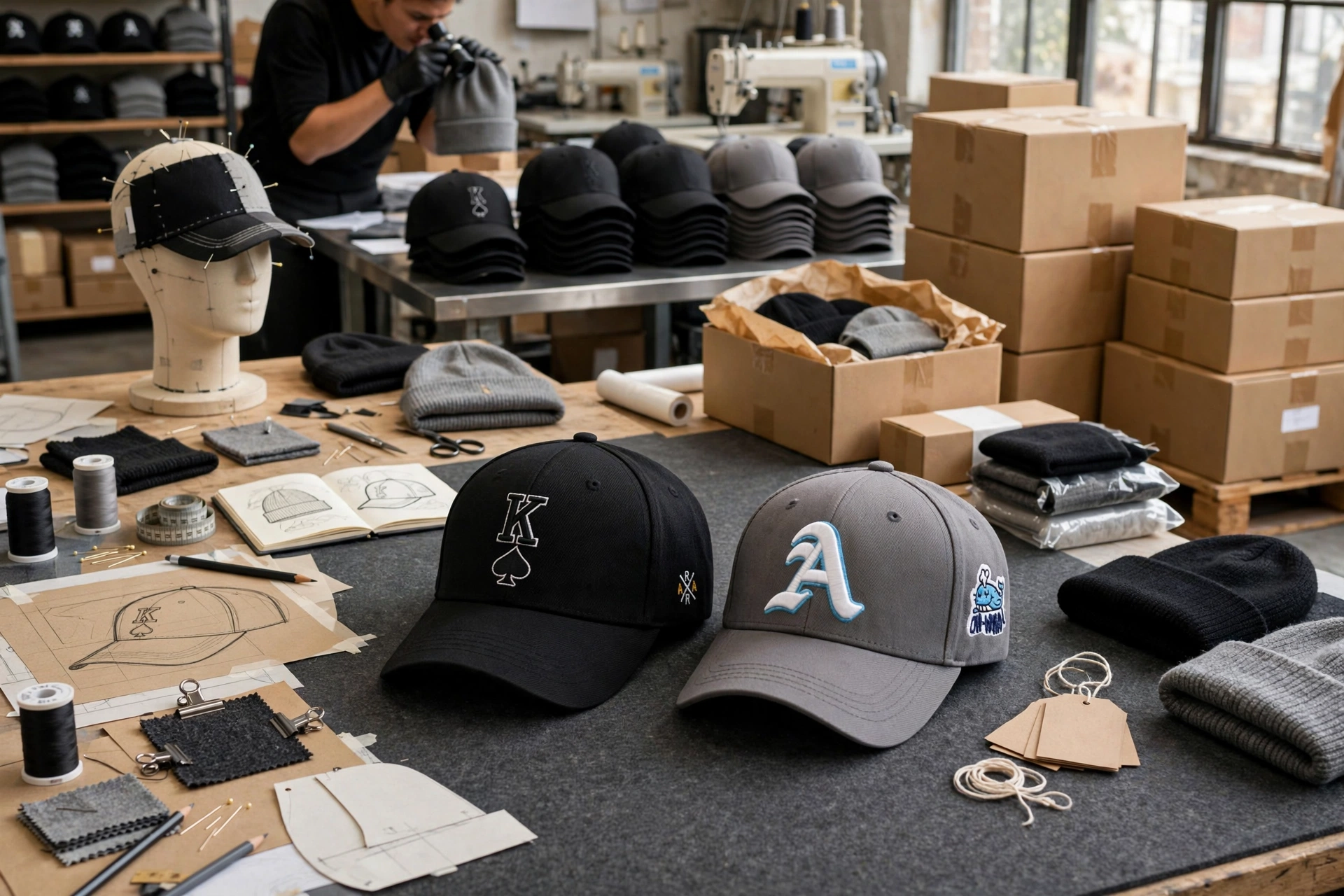 Black K spade cap and grey A OH-WHALA cap on design table with tech pack sketches, fabric swatches, prototypes, quality control inspection, and global delivery cartons - custom caps and beanies manufacturing workflow