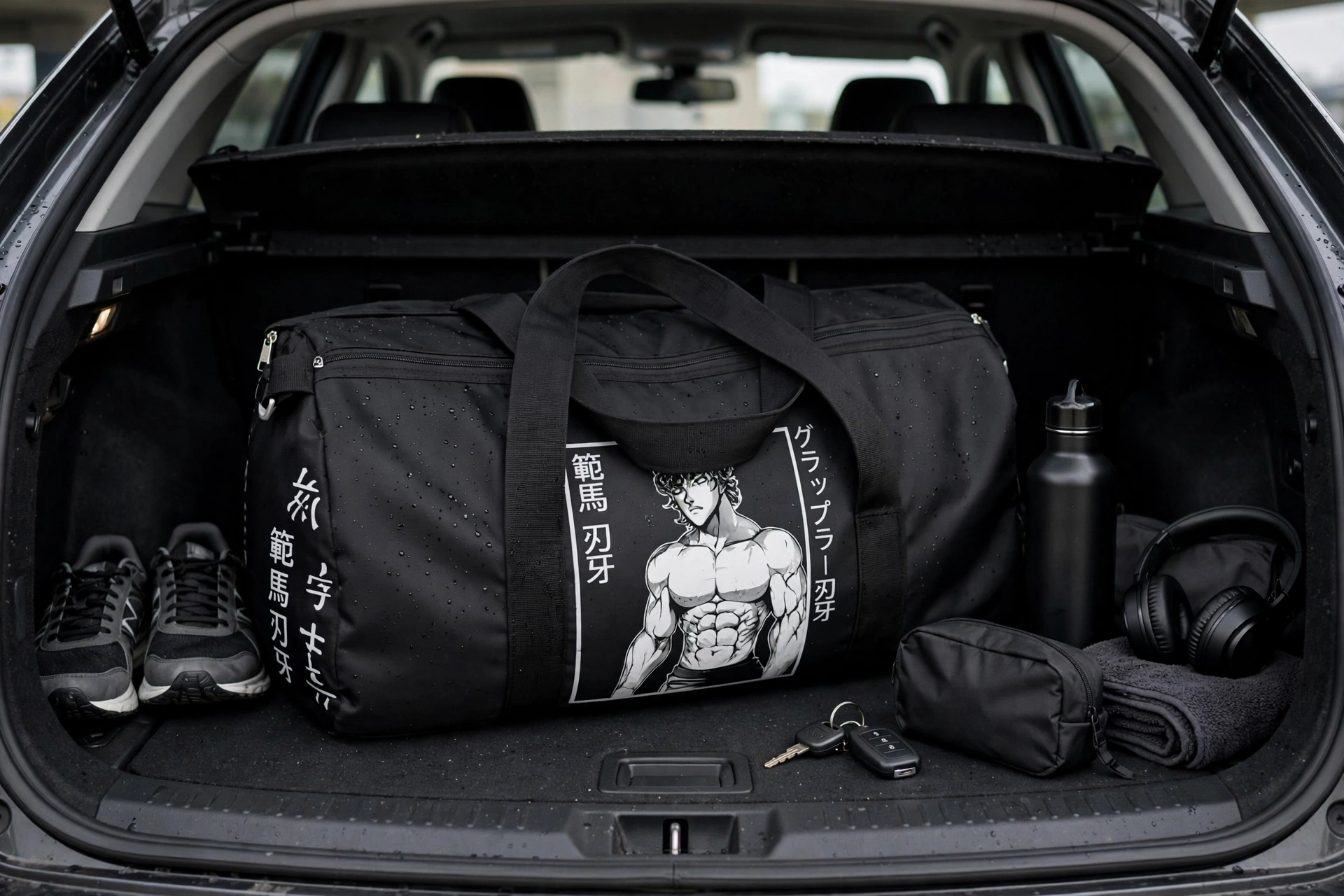 Black custom duffle bag with anime muscular character print in car trunk with gym shoes and gear - water resistant high utility gym bag walking billboard brand