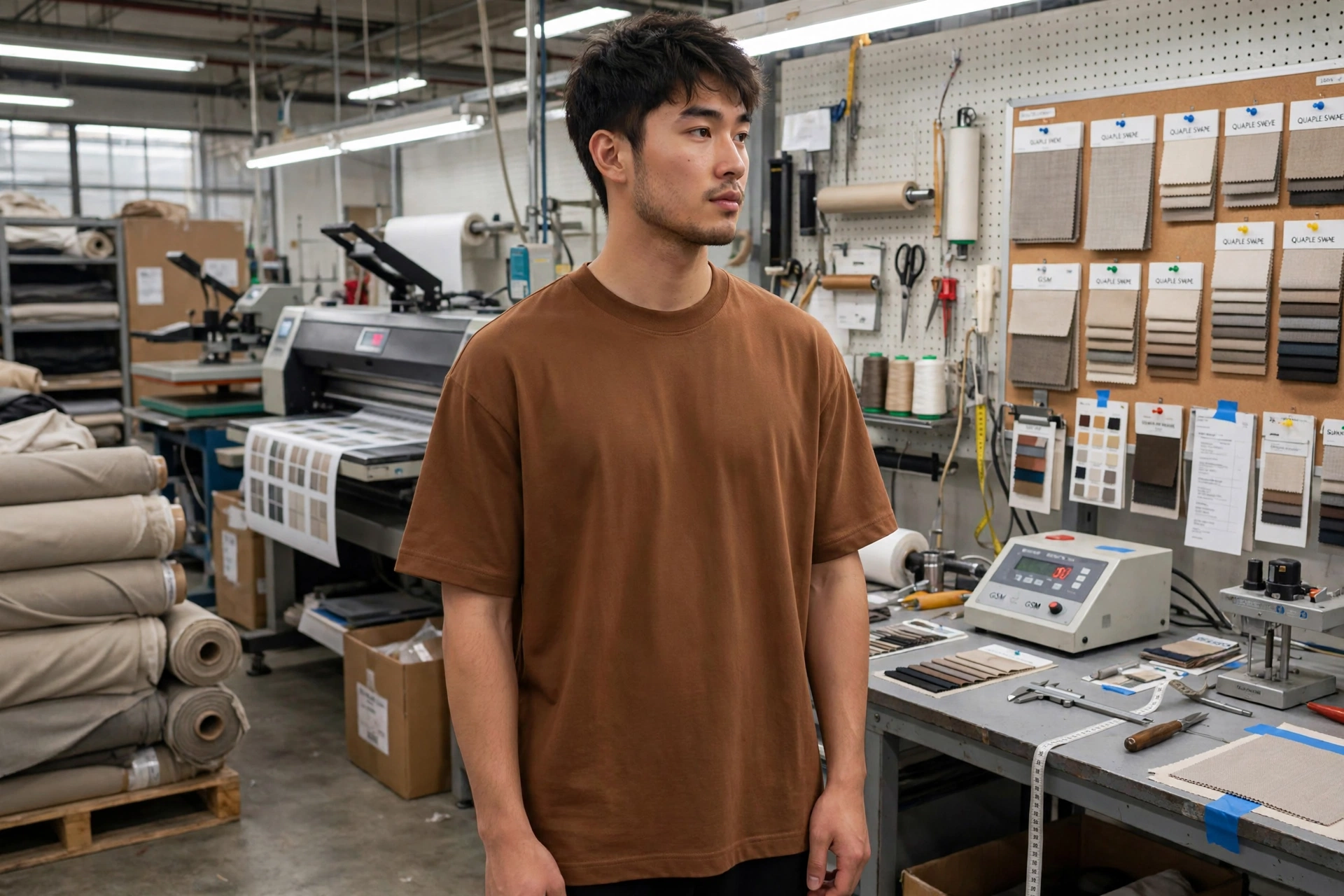Model wearing caramel brown oversized heavyweight t-shirt 200 GSM combed ring-spun cotton drop shoulder in premium apparel manufacturing ecosystem with fabric rolls GSM testing and pique weave samples - wholesale custom polo shirts supplier